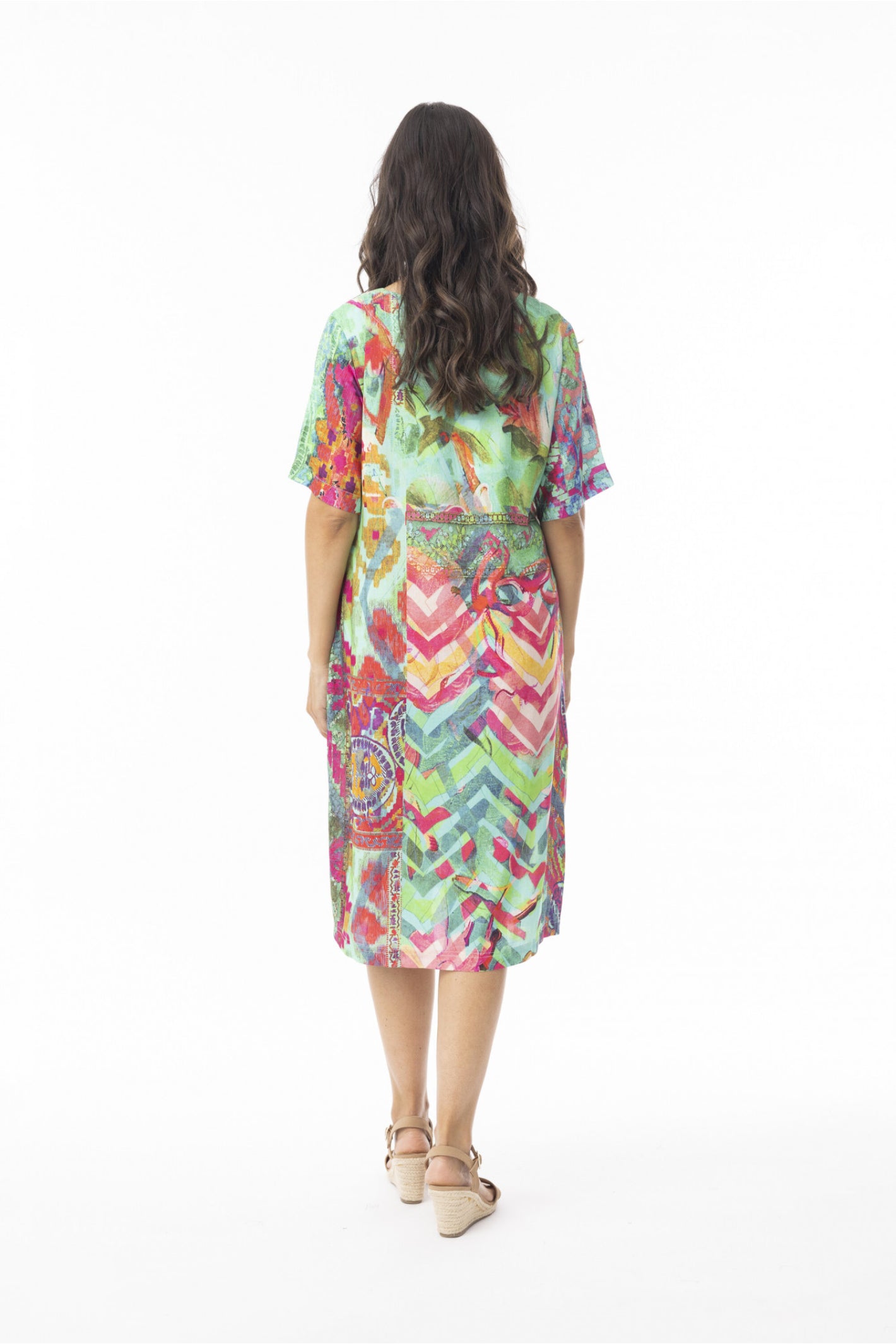 Model rear view wearing Orientique 71604 Digital Dress Shifty Crafty by orientique, shop orientique styles at Dotique