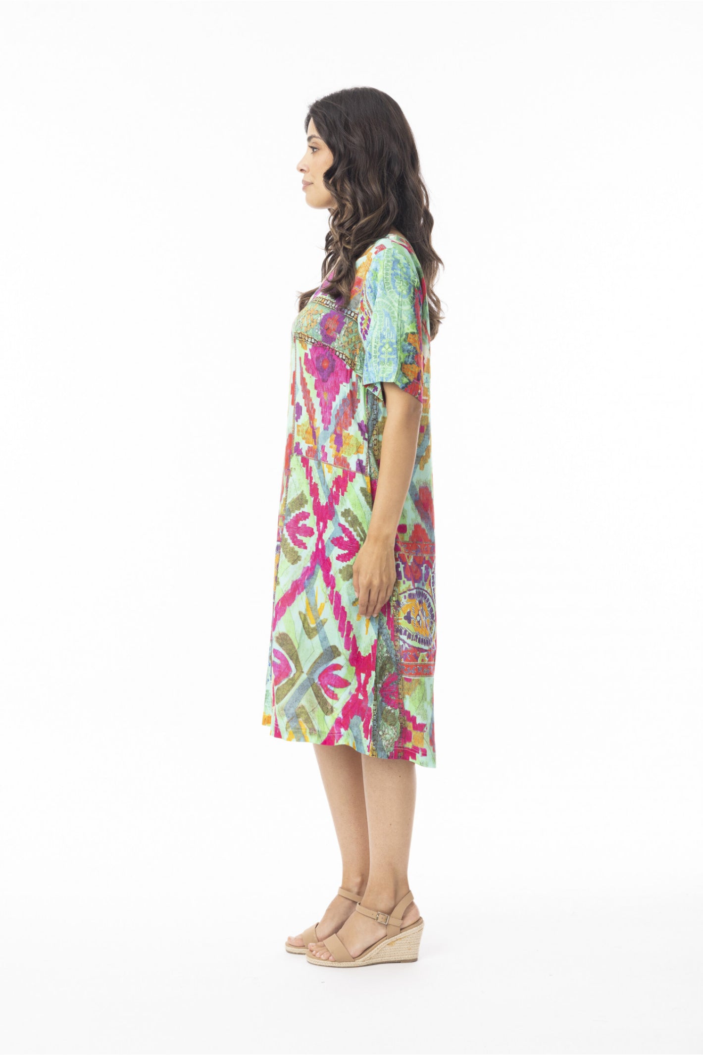Model side profile wearing Orientique 71604 Digital Dress Shifty Crafty by orientique, shop orientique at Dotique