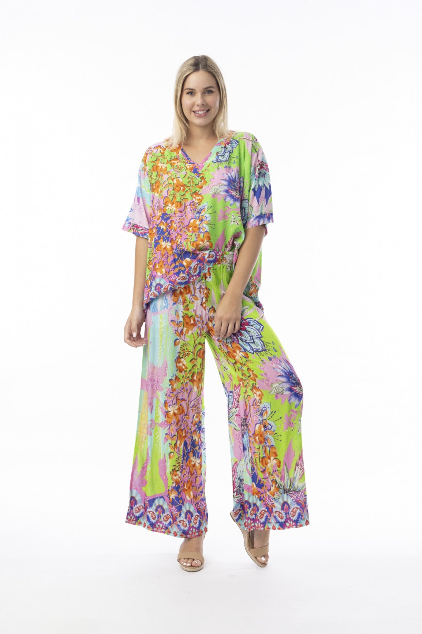 Model front view wearing Orientique 72567 Digital Top Boxy Floral by orientique, shop orientique at Dotique