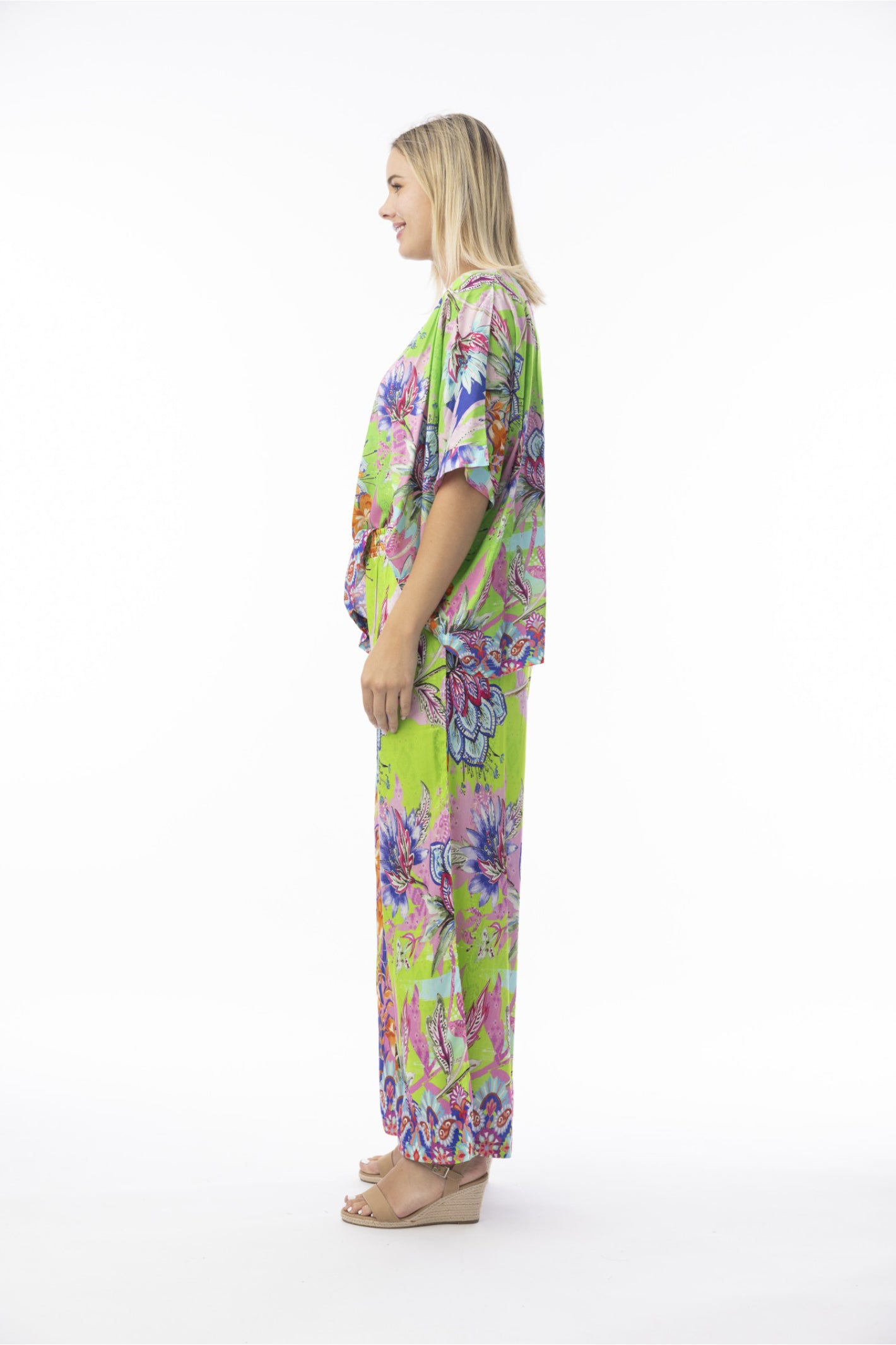 Model side view wearing Orientique 72567 Digital Top Boxy Floral by orientique, shop orientique at Dotique