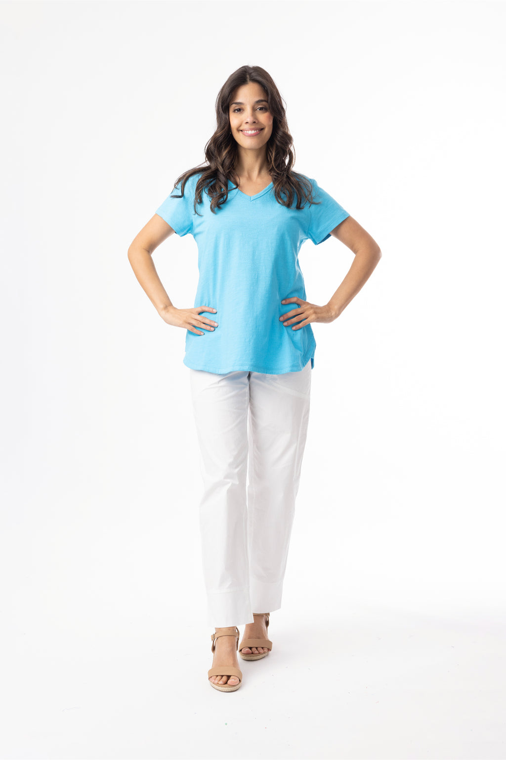 Model wearing Orientique 92129 Knit Essentials V-neck Tee Turquoise by orientique, shop orientique at Dotique in casual style