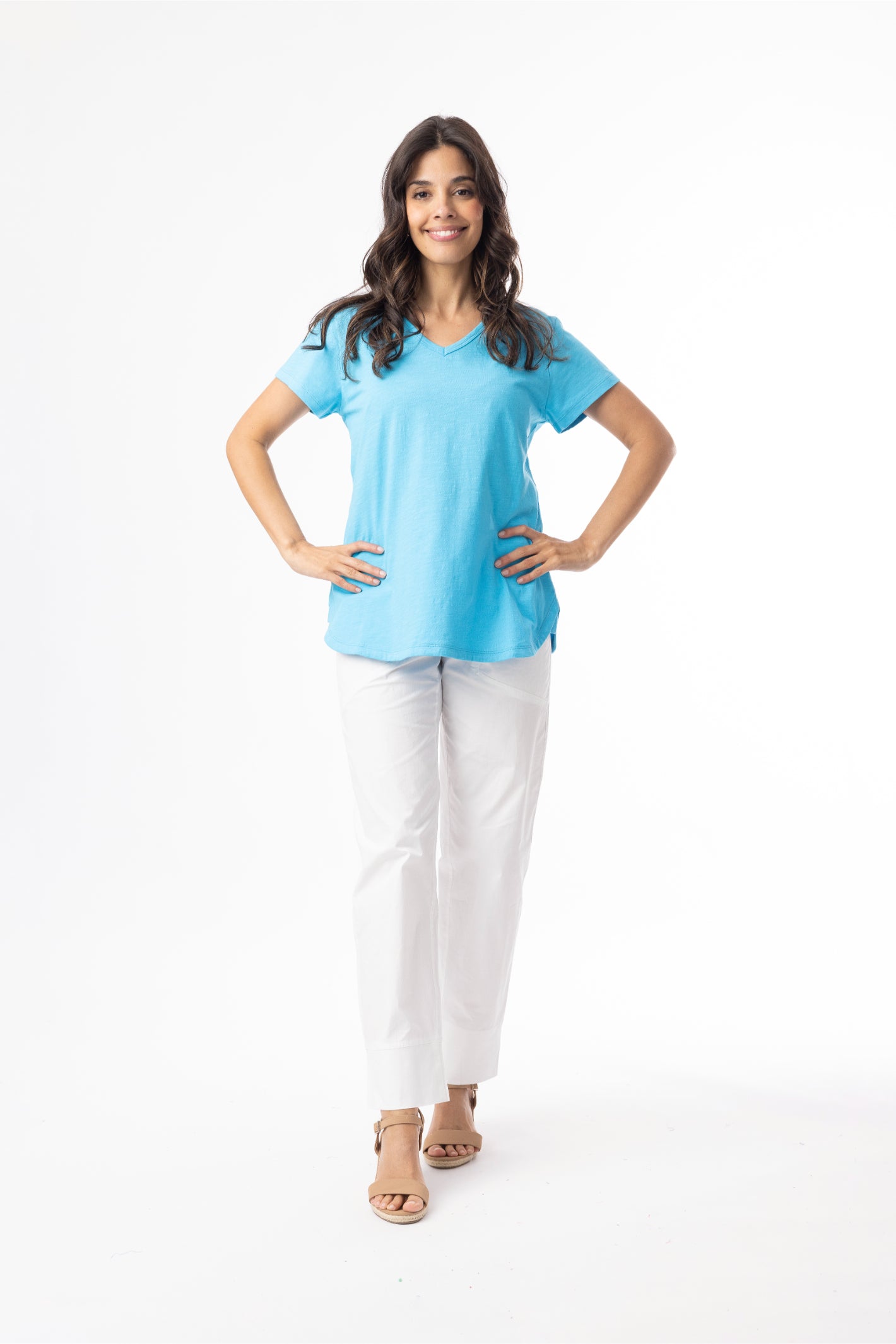 Model wearing Orientique 92129 Knit Essentials V-neck Tee Turquoise by orientique, shop orientique at Dotique in casual style