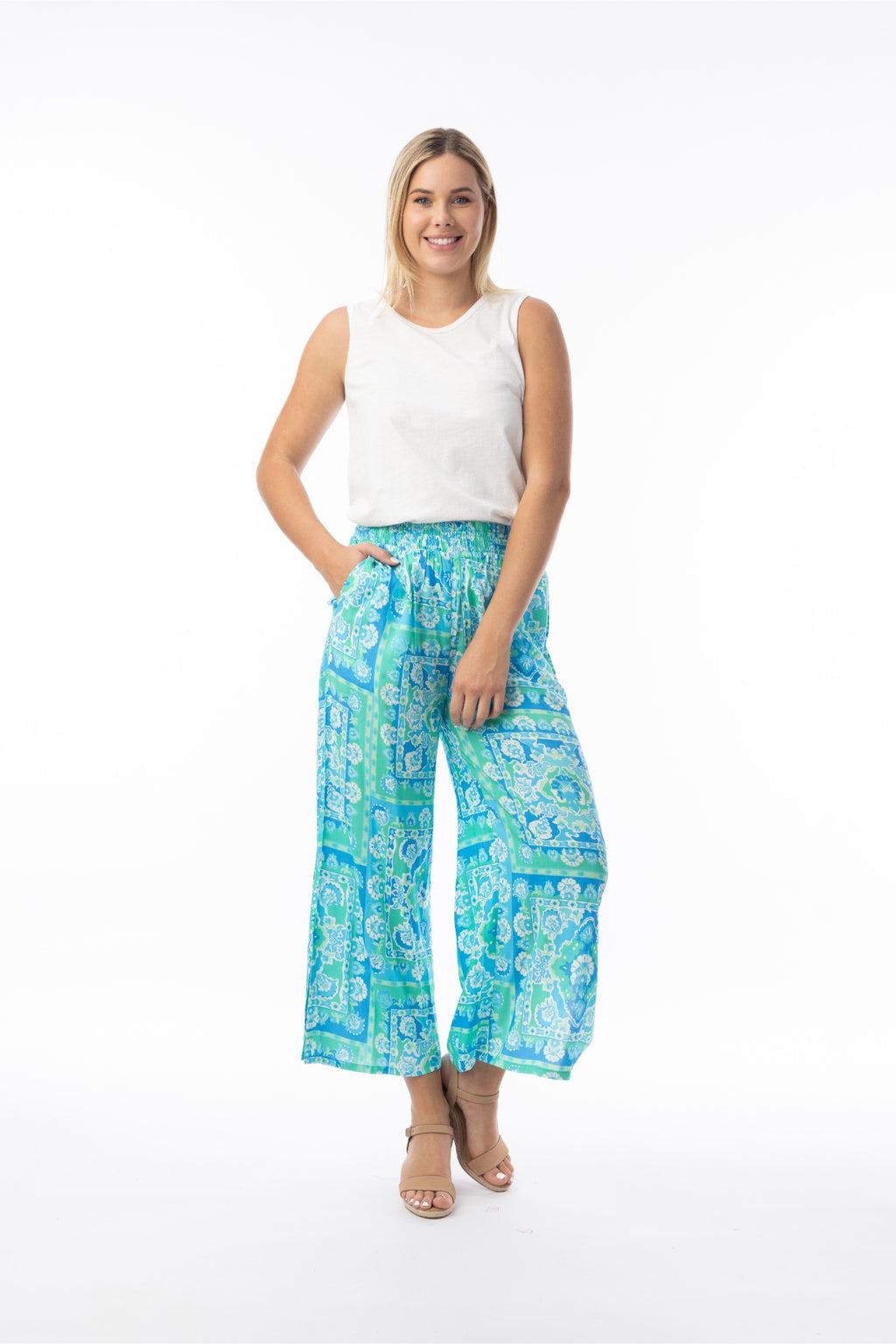 Front view of model wearing Orientique 16008 Montevideo Trousers Aqua by orientique, shop orientique at Dotique