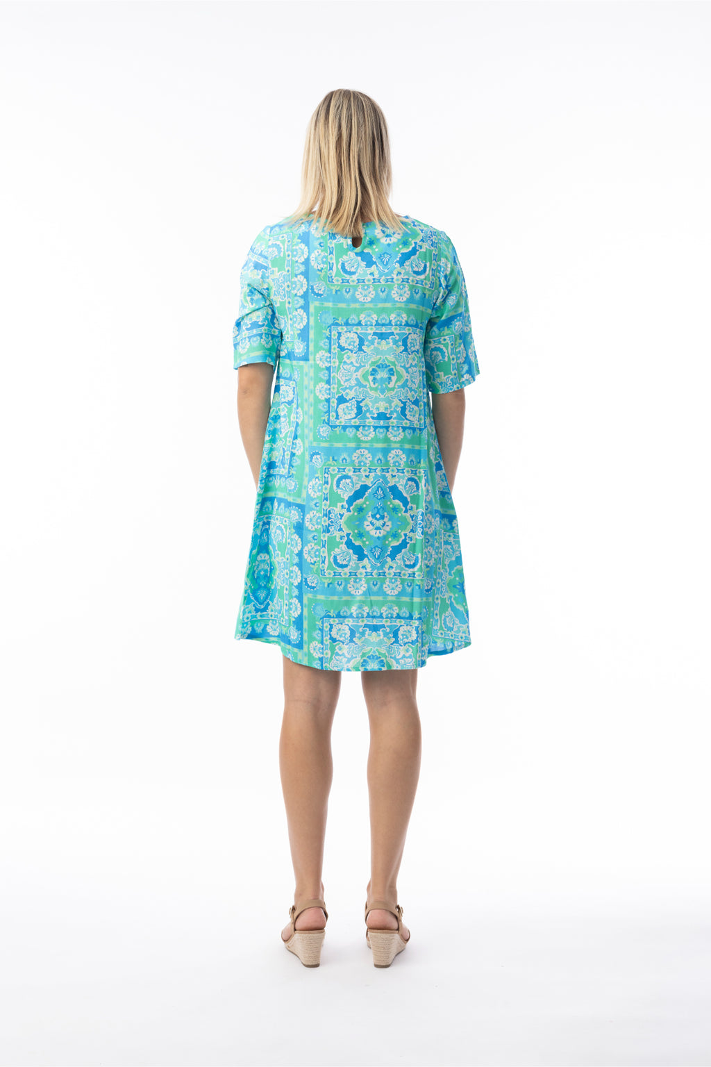 Rear view of model wearing Orientique 16008 Montevideo Trousers Aqua by orientique, shop orientique at Dotique