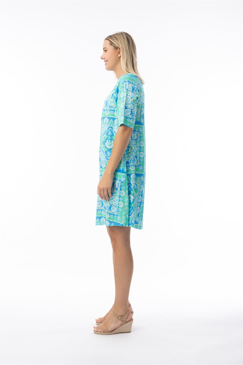 Side profile of model wearing Orientique 16008 Montevideo Trousers Aqua by orientique, shop orientique at Dotique