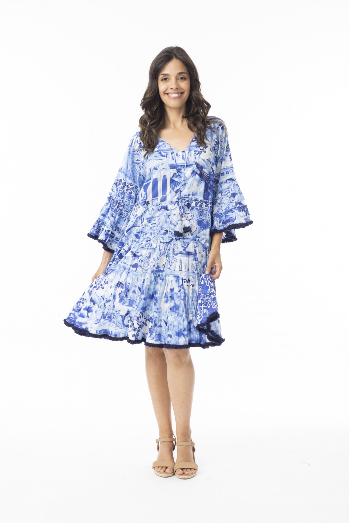 Woman facing forward wearing Orientique 40188 Okayama Dress Layers Frill Sleeve Print by orientique, shop orientique at Dotique