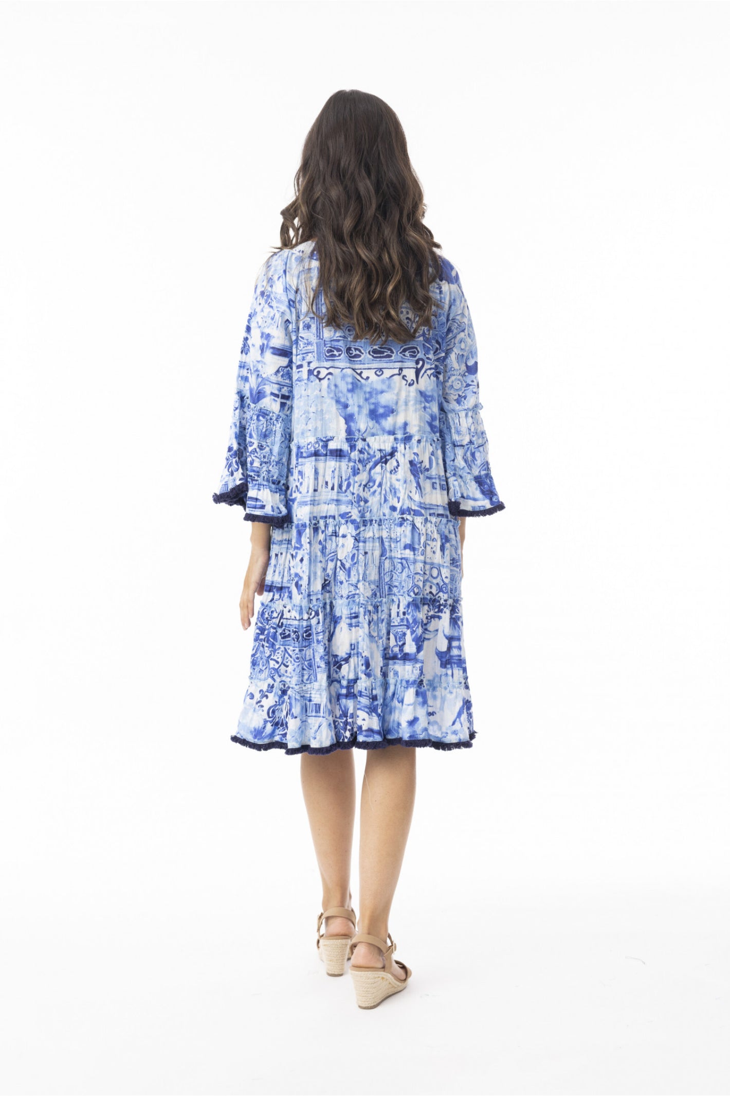 Rear view of model wearing Orientique 40188 Okayama Dress Layers Frill Sleeve Print by orientique, shop orientique at Dotique