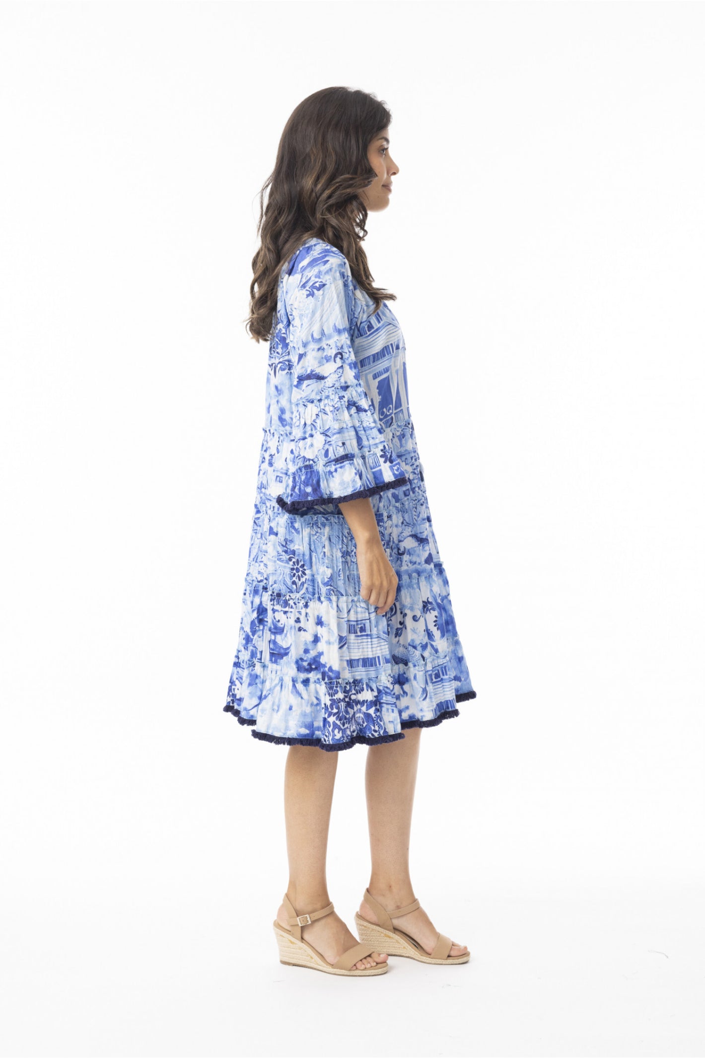Side view of model wearing Orientique 40188 Okayama Dress Layers Frill Sleeve Print by orientique, shop orientique at Dotique