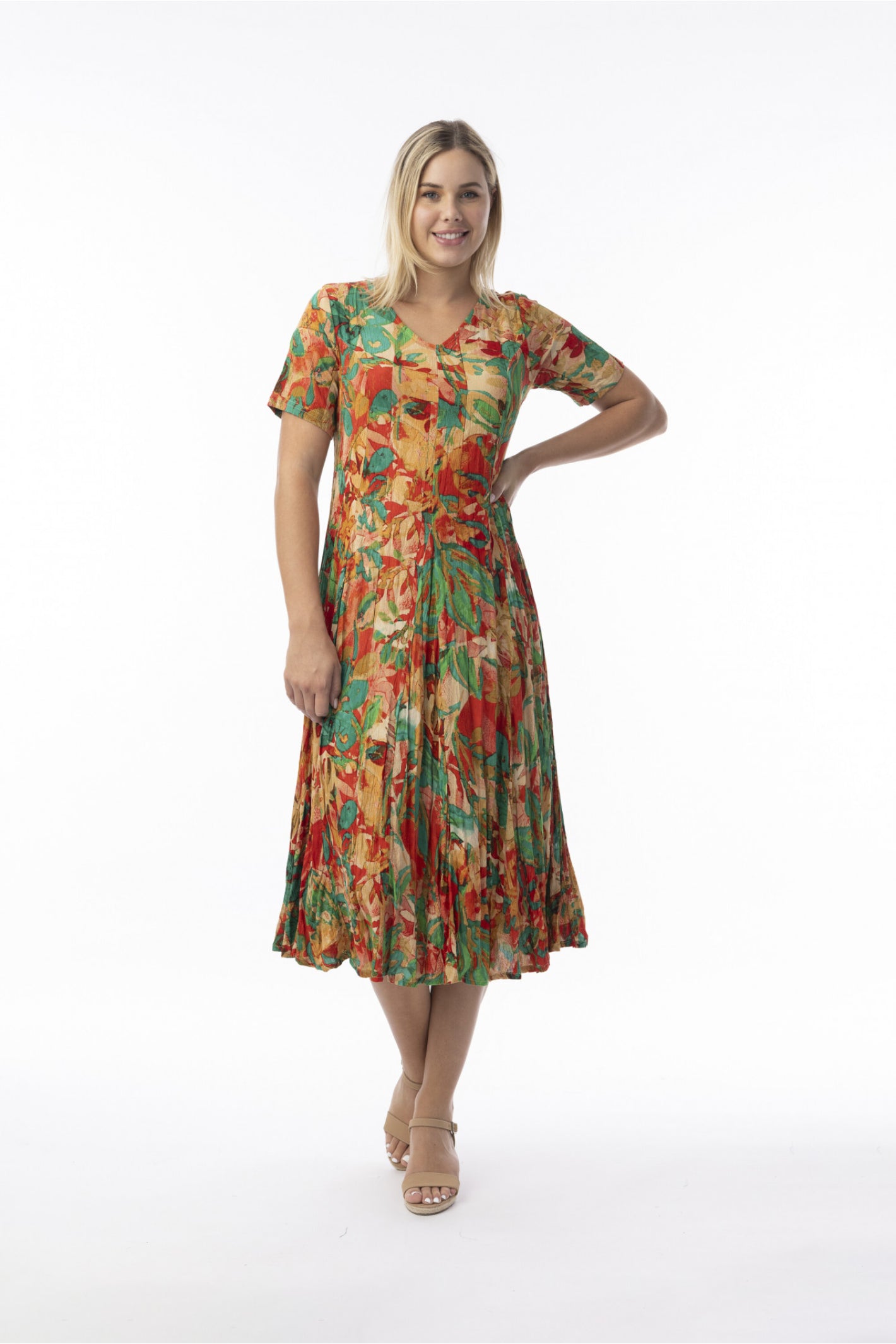 Woman smiling wearing Orientique 30216 Sao Paulo Dress Godet Short Sleeve Print by orientique, shop orientique at Dotique