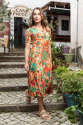 Woman walking outdoors wearing Orientique 30216 Sao Paulo Dress Godet Short Sleeve Print by orientique shop Dotique