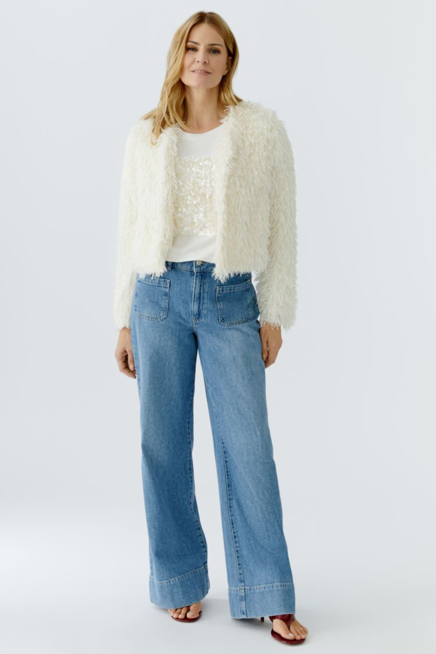 Statement textured jacket by Oui in Gardenia. Lightweight, modern and easy to dress up or down. Shop the latest Oui at Dotique.