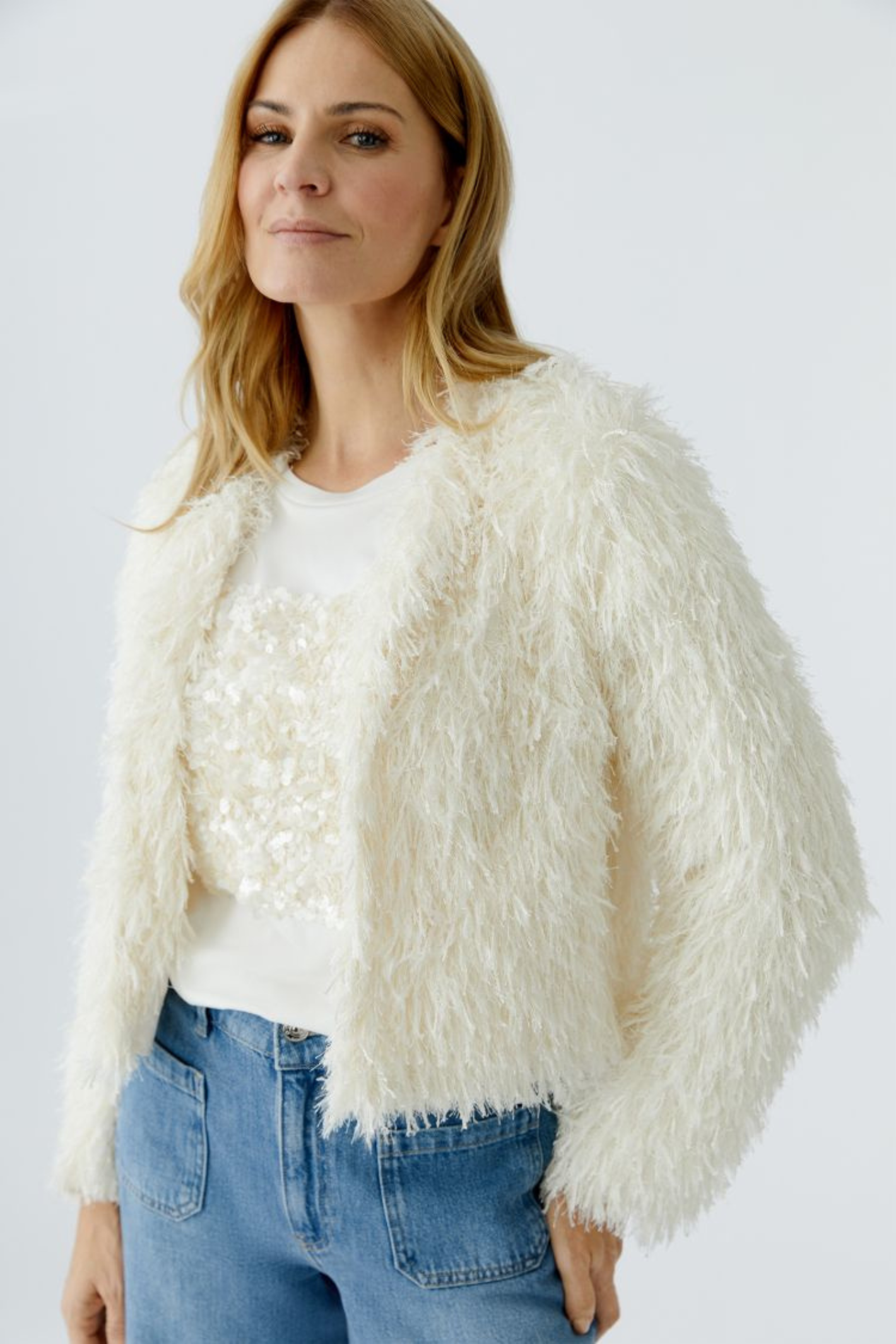 Statement textured jacket by Oui in Gardenia. Lightweight, modern and easy to dress up or down. Shop the latest Oui at Dotique.