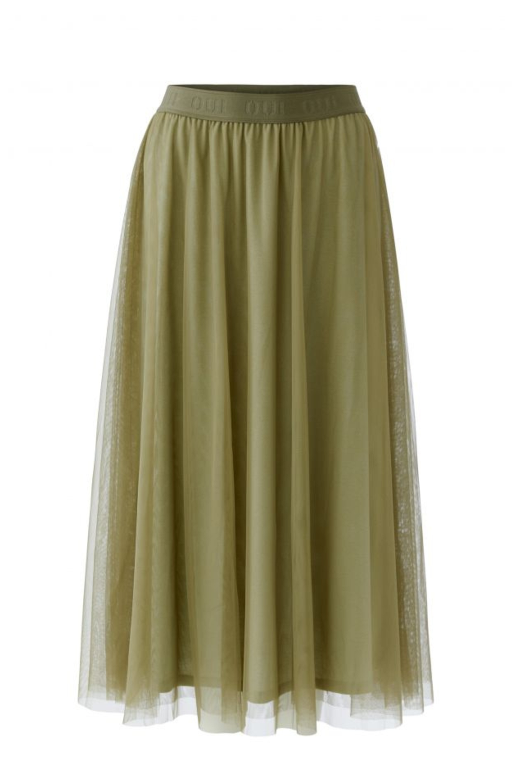 A-line midi skirt by Oui in Khaki Green. Lightweight, flattering and easy to style with knits or blouses. Shop the latest Oui at Dotique.