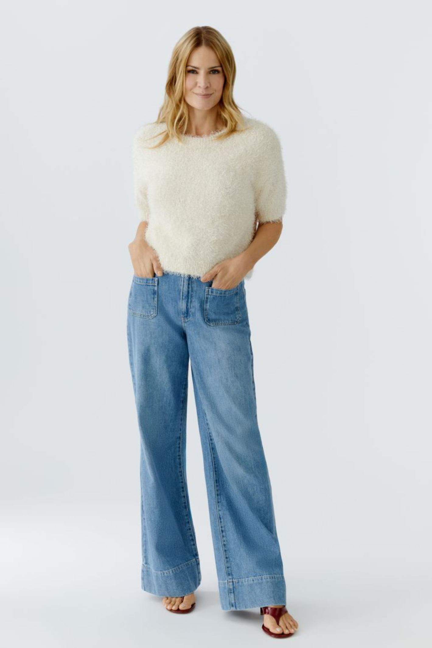 Woman wearing Oui 96754 Short Sleeve Textured Pullover – Whitecap Grey by Oui, shop Oui at Dotique.
