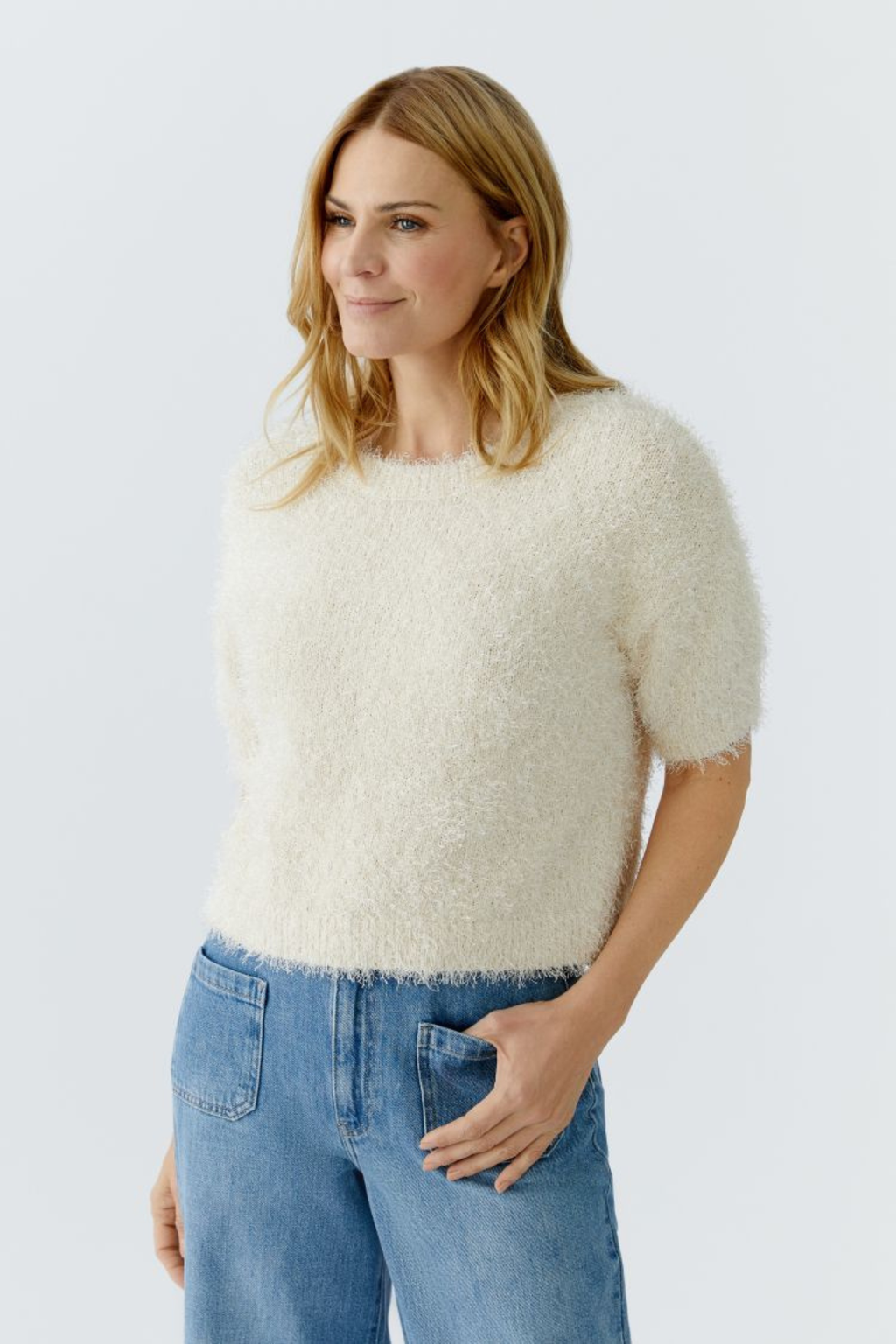 Soft textured short sleeve pullover by Oui in Whitecap Grey. An easy, lightweight knit perfect for layering and everyday wear. Shop at Dotique.