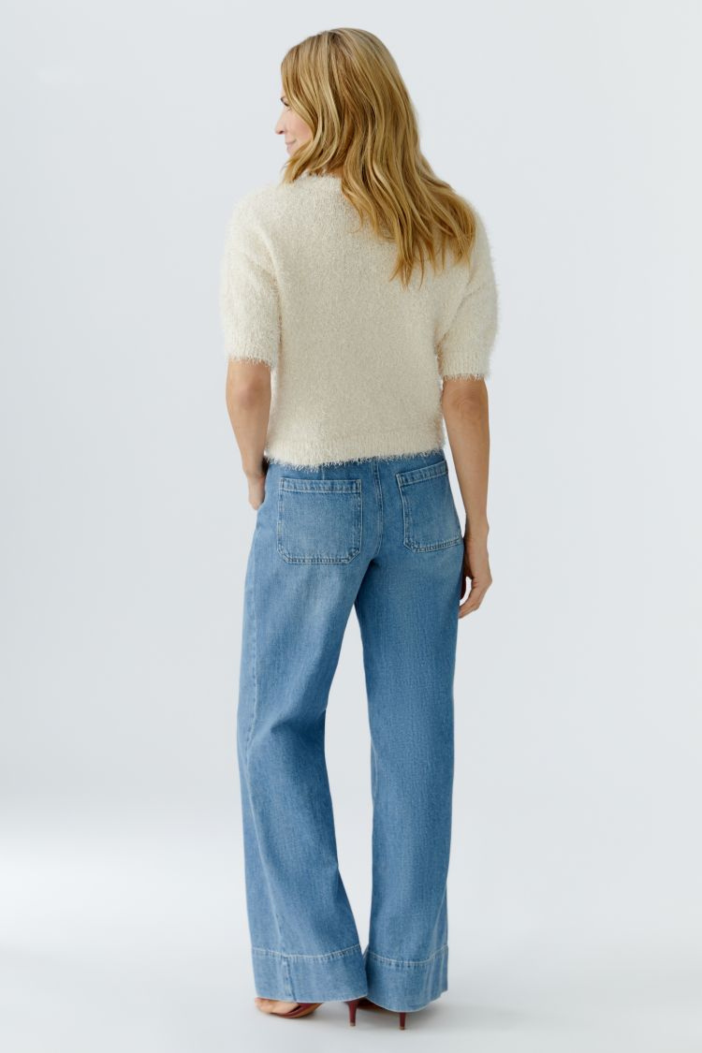 Model wearing Oui 96754 Short Sleeve Textured Pullover – Whitecap Grey by Oui, shop Oui at Dotique online.