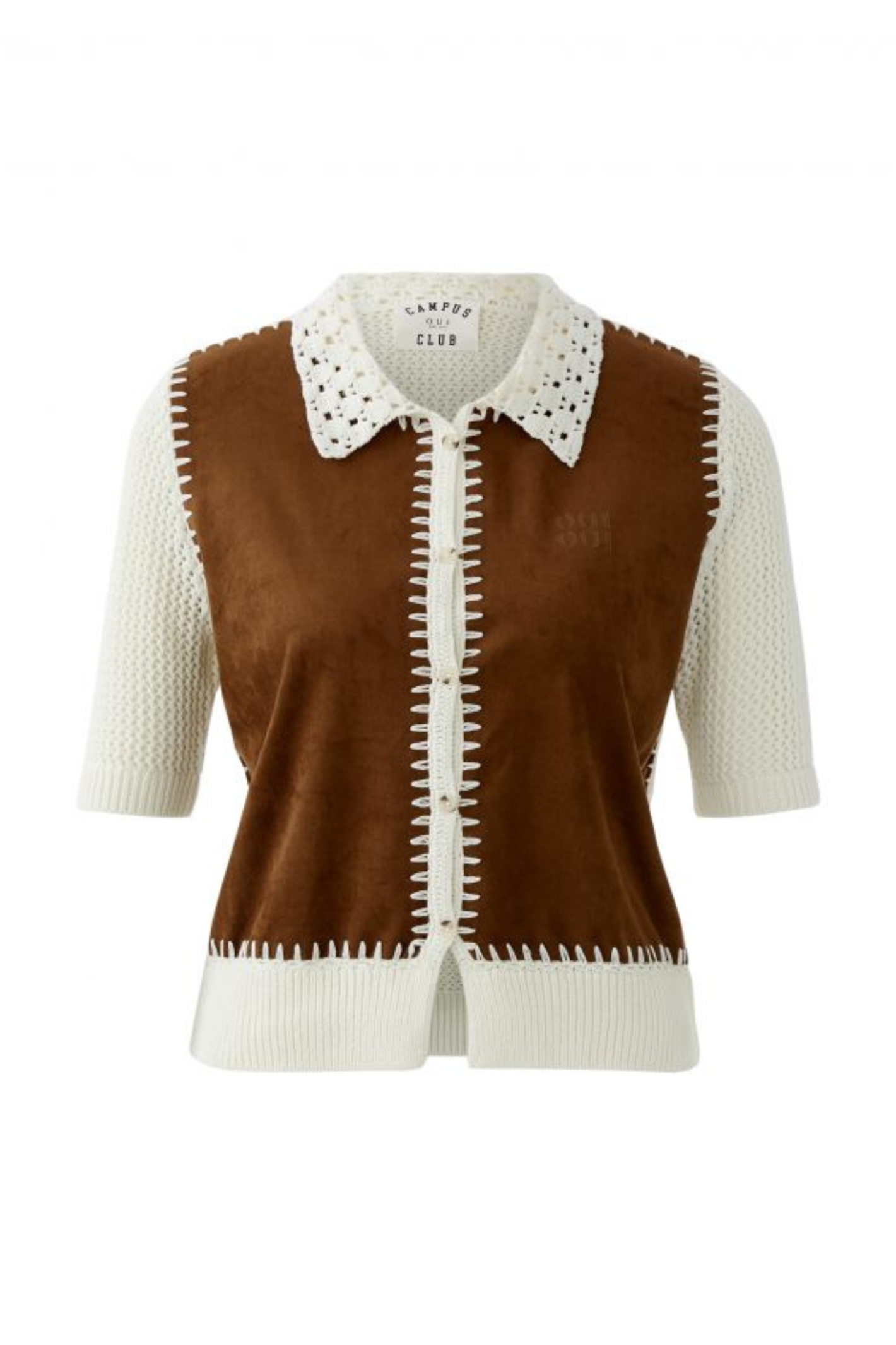 Short-sleeve knit jacket by Oui in White Brown. Lightweight cotton knit with contrast detail and a flattering cropped length. Shop Oui at Dotique.