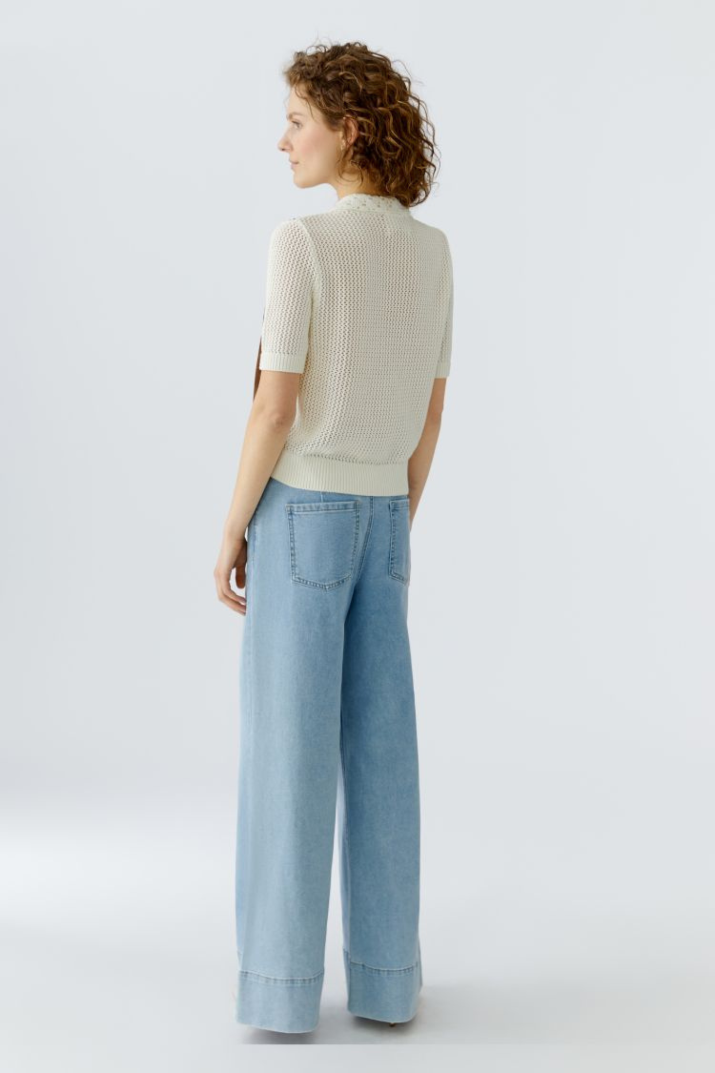 Short-sleeve knit jacket by Oui in White Brown. Lightweight cotton knit with contrast detail and a flattering cropped length. Shop Oui at Dotique.