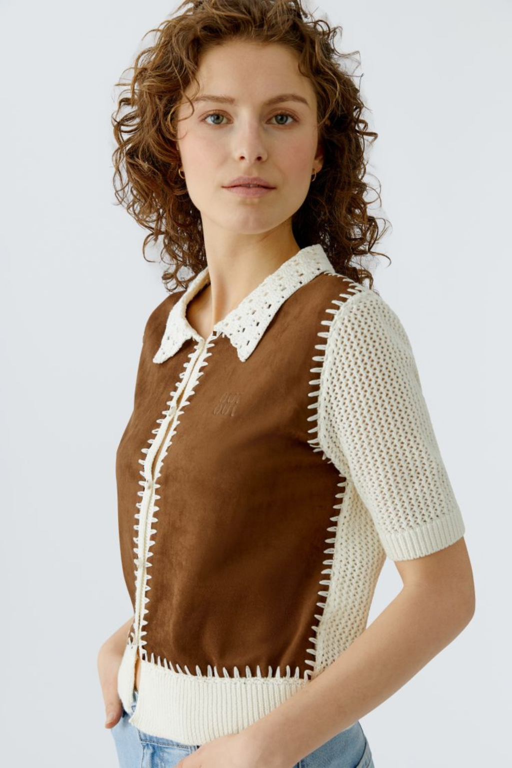 Short-sleeve knit jacket by Oui in White Brown. Lightweight cotton knit with contrast detail and a flattering cropped length. Shop Oui at Dotique.