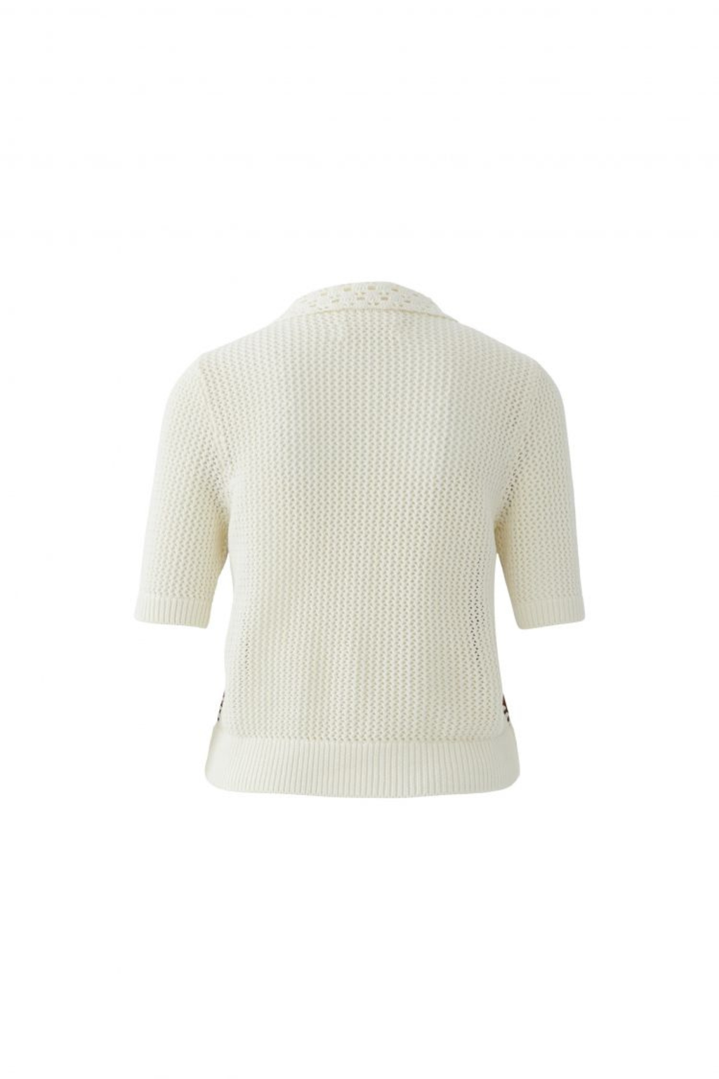 Short-sleeve knit jacket by Oui in White Brown. Lightweight cotton knit with contrast detail and a flattering cropped length. Shop Oui at Dotique.