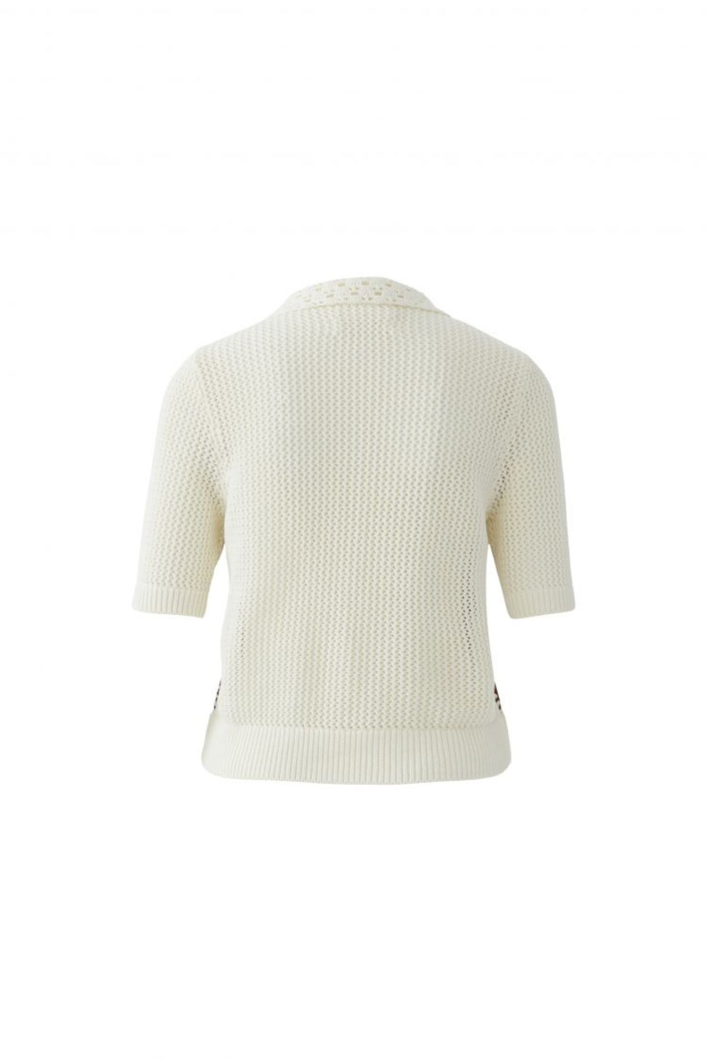 Short-sleeve knit jacket by Oui in White Brown. Lightweight cotton knit with contrast detail and a flattering cropped length. Shop Oui at Dotique.