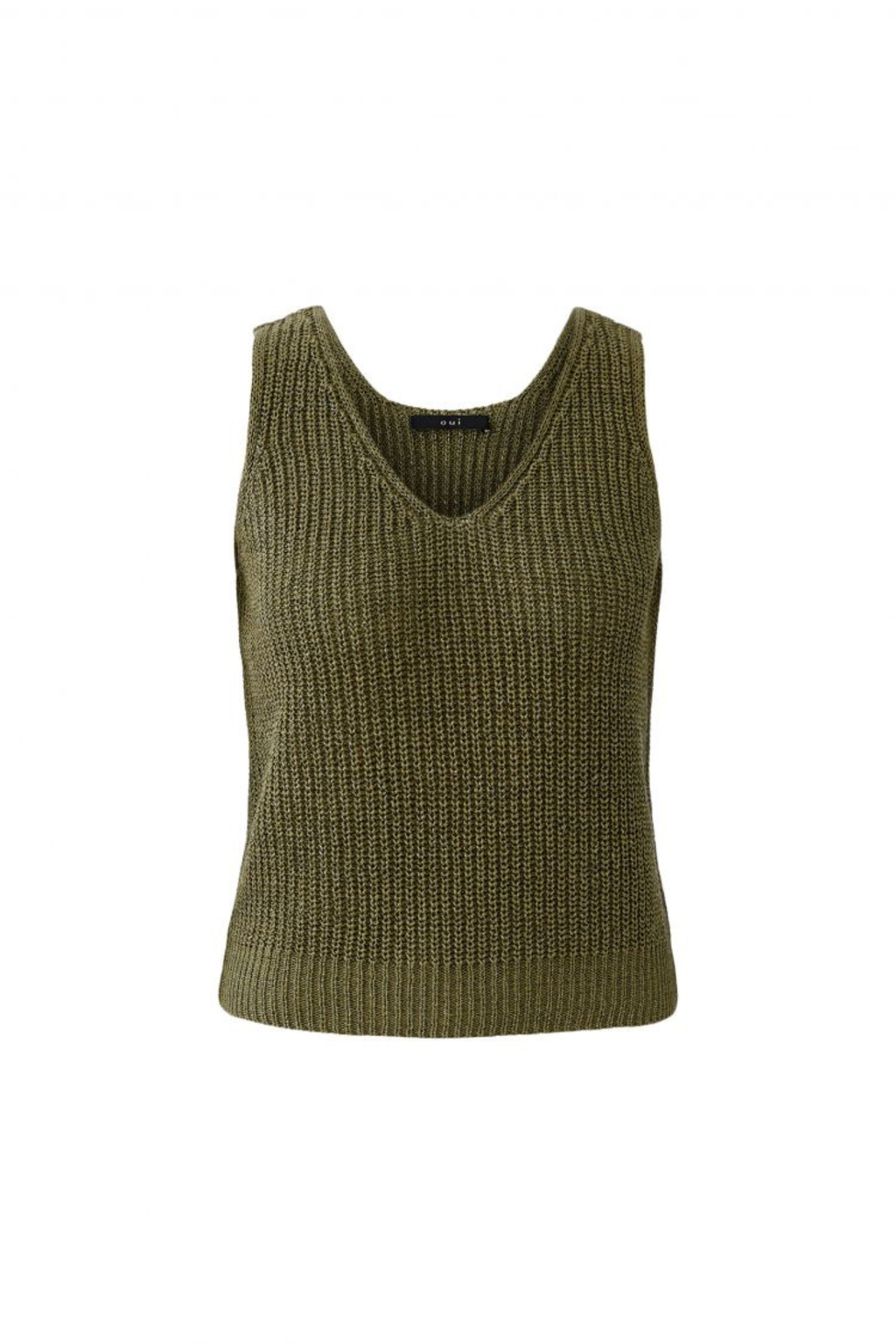 Sleeveless knitted top by Oui in Green Garden. Lightweight with a soft metallic shimmer and flattering V-neck. Easy to layer or wear alone. Shop at Dotique.