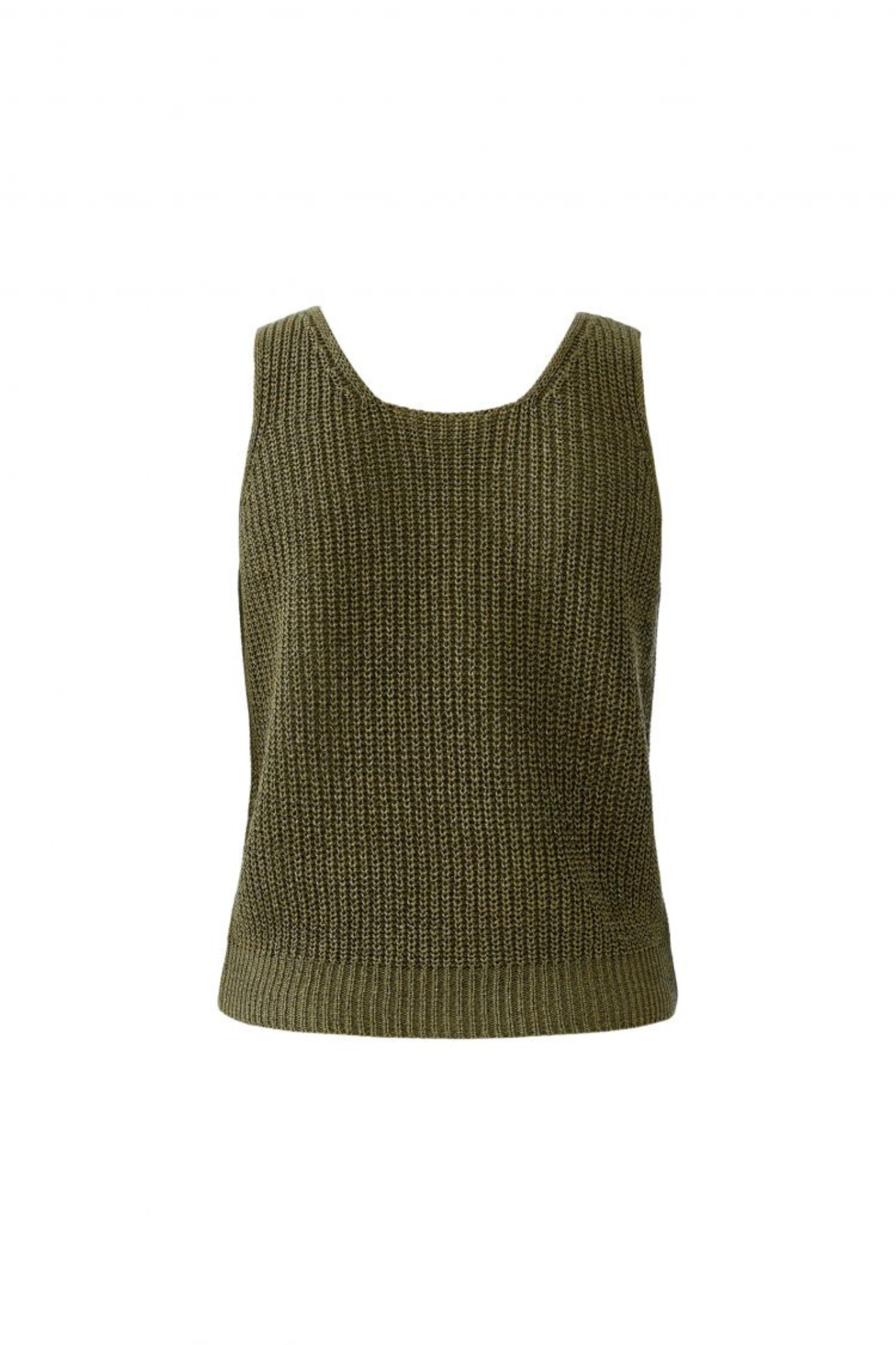 Sleeveless knitted top by Oui in Green Garden. Lightweight with a soft metallic shimmer and flattering V-neck. Easy to layer or wear alone. Shop at Dotique.