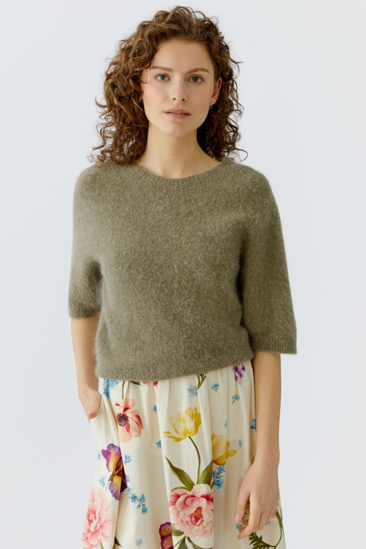 Soft alpaca-blend jumper by Oui in Green Garden. Lightweight, flattering and easy to wear with jeans or tailored trousers. Shop now at Dotique.