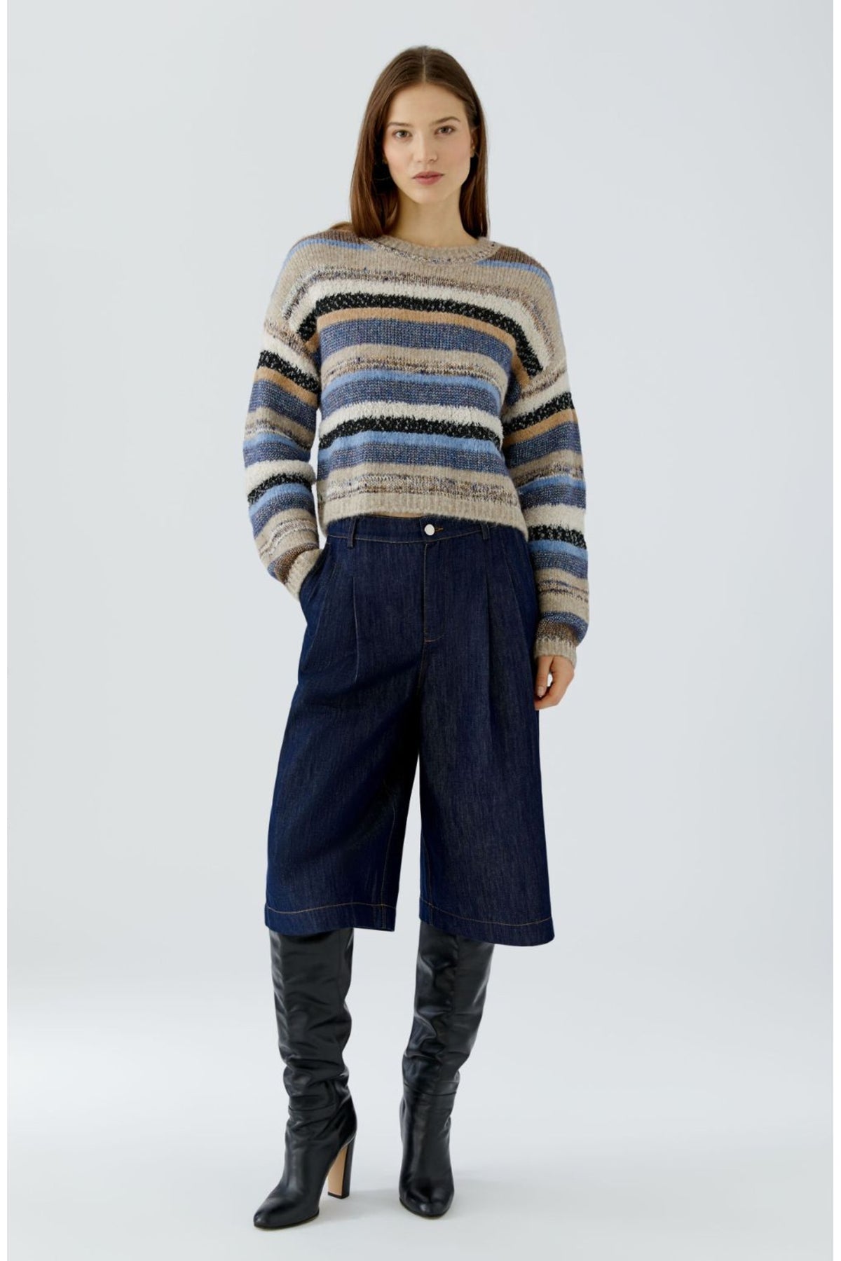 Oui 98069 Light Brown/Blue Striped Jumper, full-length styling. Shop Oui at Dotique.