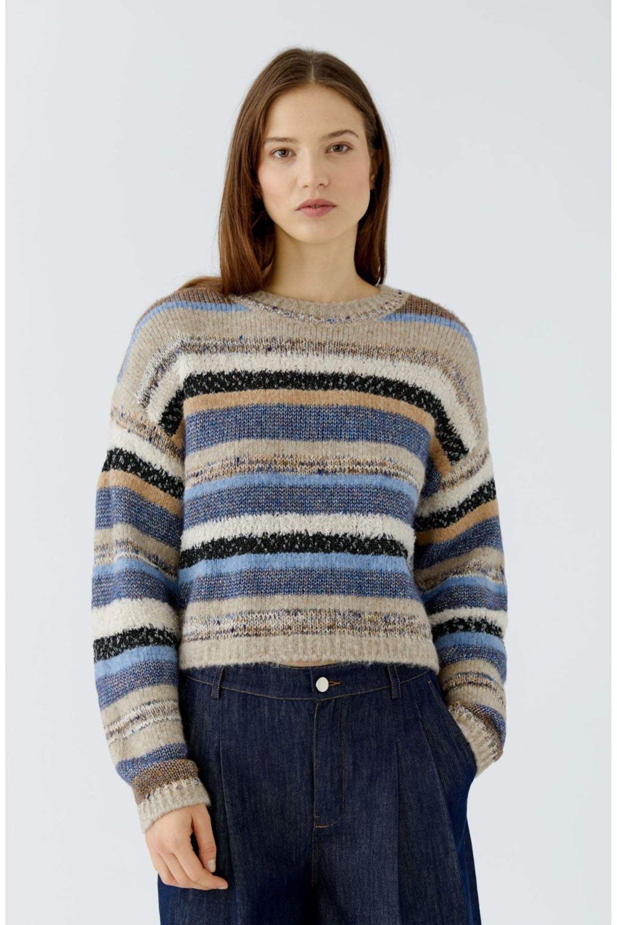 Oui 98069 Light Brown/Blue Striped Jumper, front view. Shop Oui at Dotique.