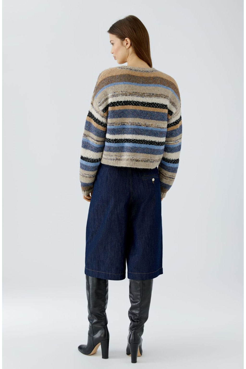 Oui 98069 Light Brown/Blue Striped Jumper, back view. Shop Oui at Dotique.