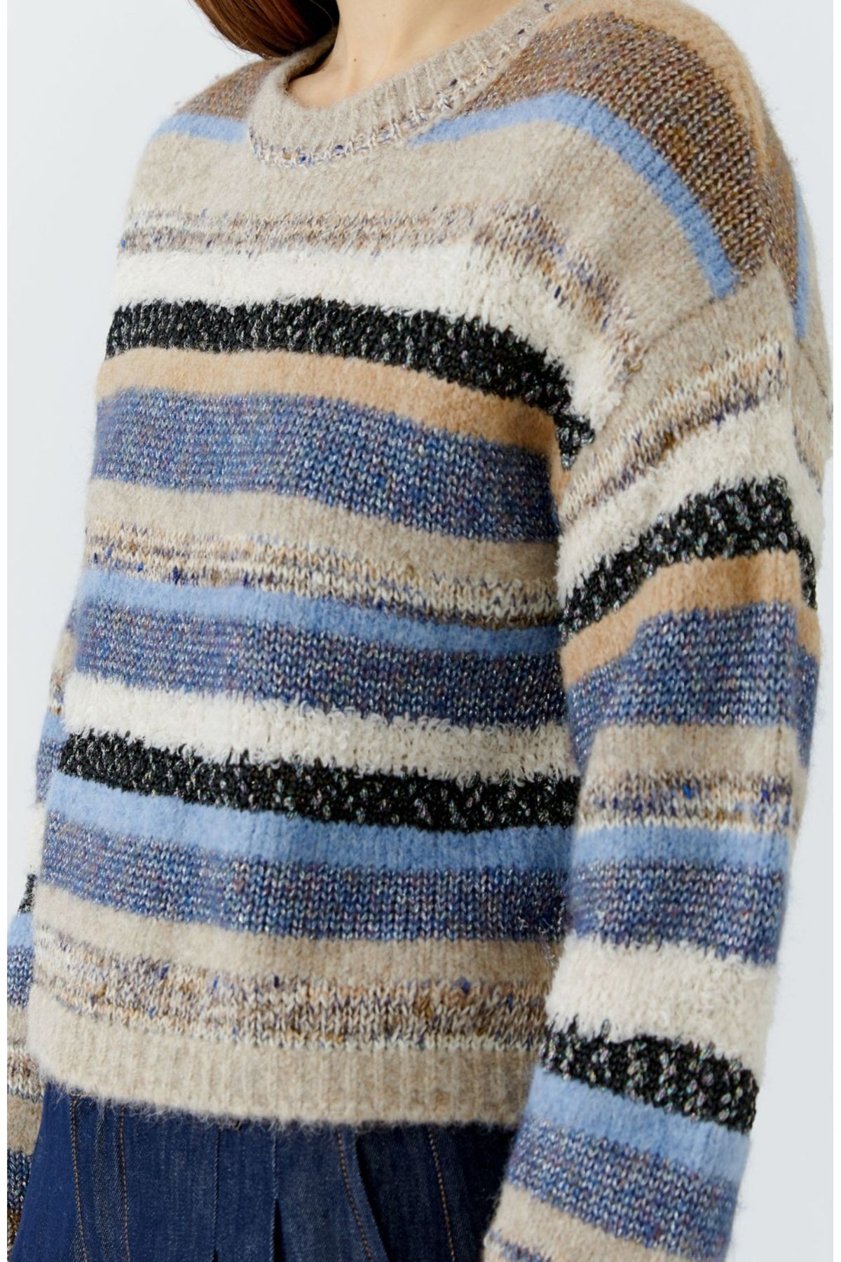 Oui 98069 Light Brown/Blue Striped Jumper, neckline detail. Shop Oui at Dotique.
