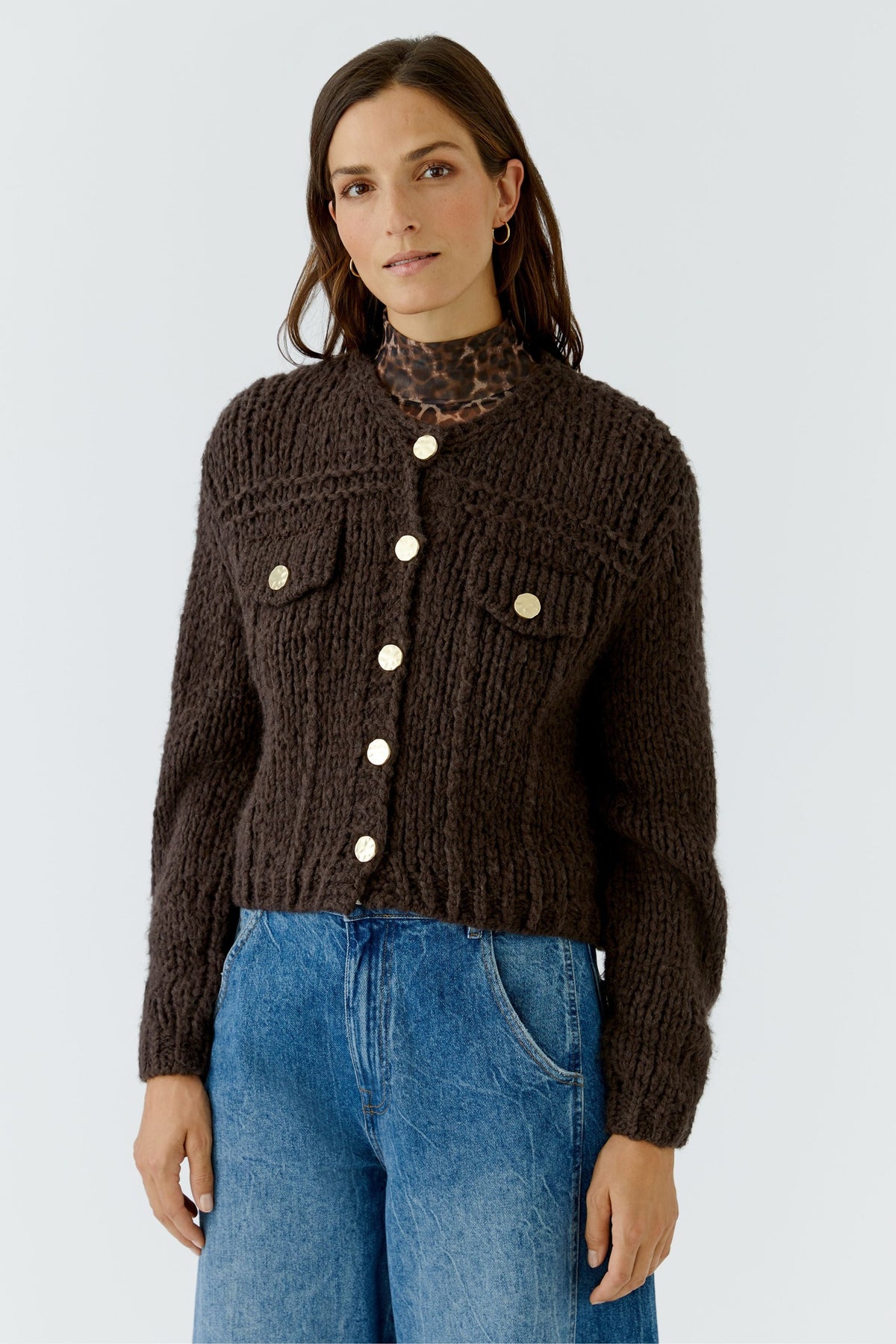 Oui 99763 Chocolate Torte Cardigan, front view. Shop Oui at Dotique.