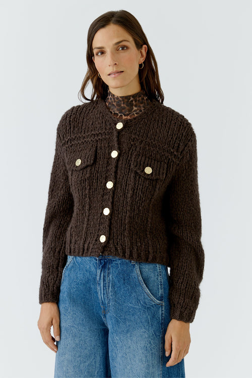 Oui 99763 Chocolate Torte Cardigan, front view. Shop Oui at Dotique.