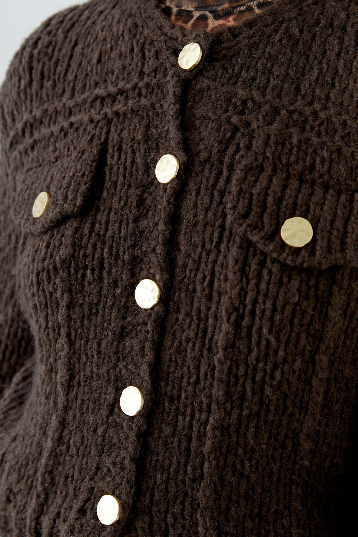 Oui 99763 Chocolate Torte Cardigan, button and knit detail. Shop Oui at Dotique.
