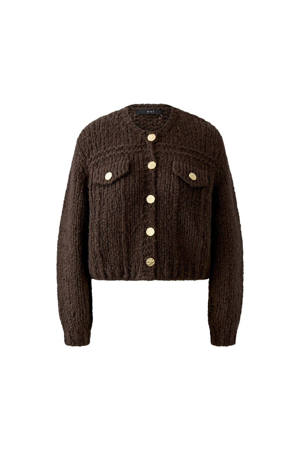 Oui 99763 Chocolate Torte Cardigan, front product view. Shop Oui at Dotique.
