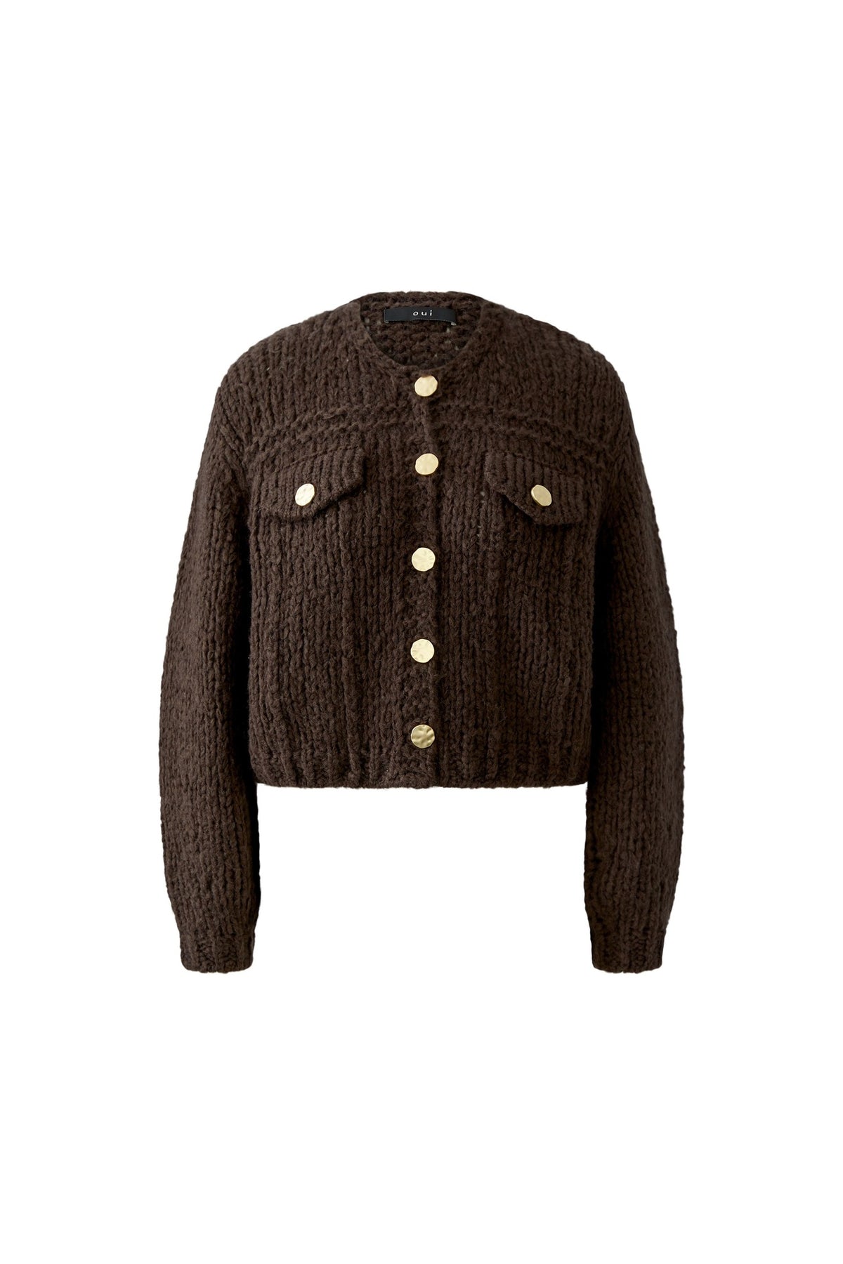 Oui 99763 Chocolate Torte Cardigan, front product view. Shop Oui at Dotique.