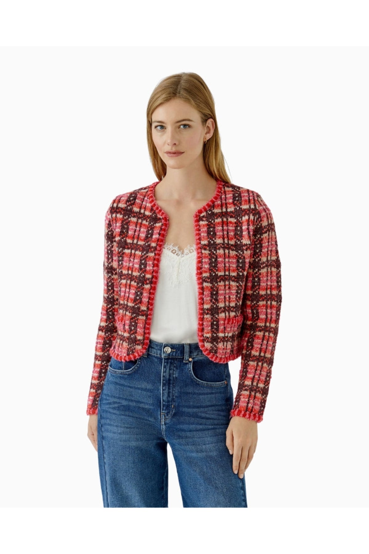 Oui 99765 Red Cardigan, front view. Shop Oui at Dotique.