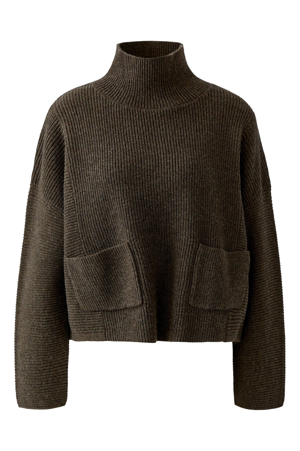 Oui 99804 Taupe Melange funnel-neck jumper, front view. Shop Oui at Dotique.