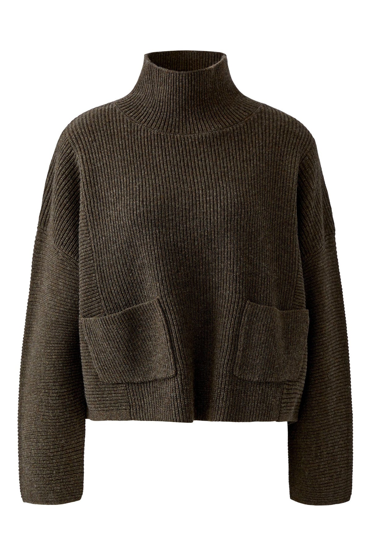 Oui 99804 Taupe Melange funnel-neck jumper, front view. Shop Oui at Dotique.