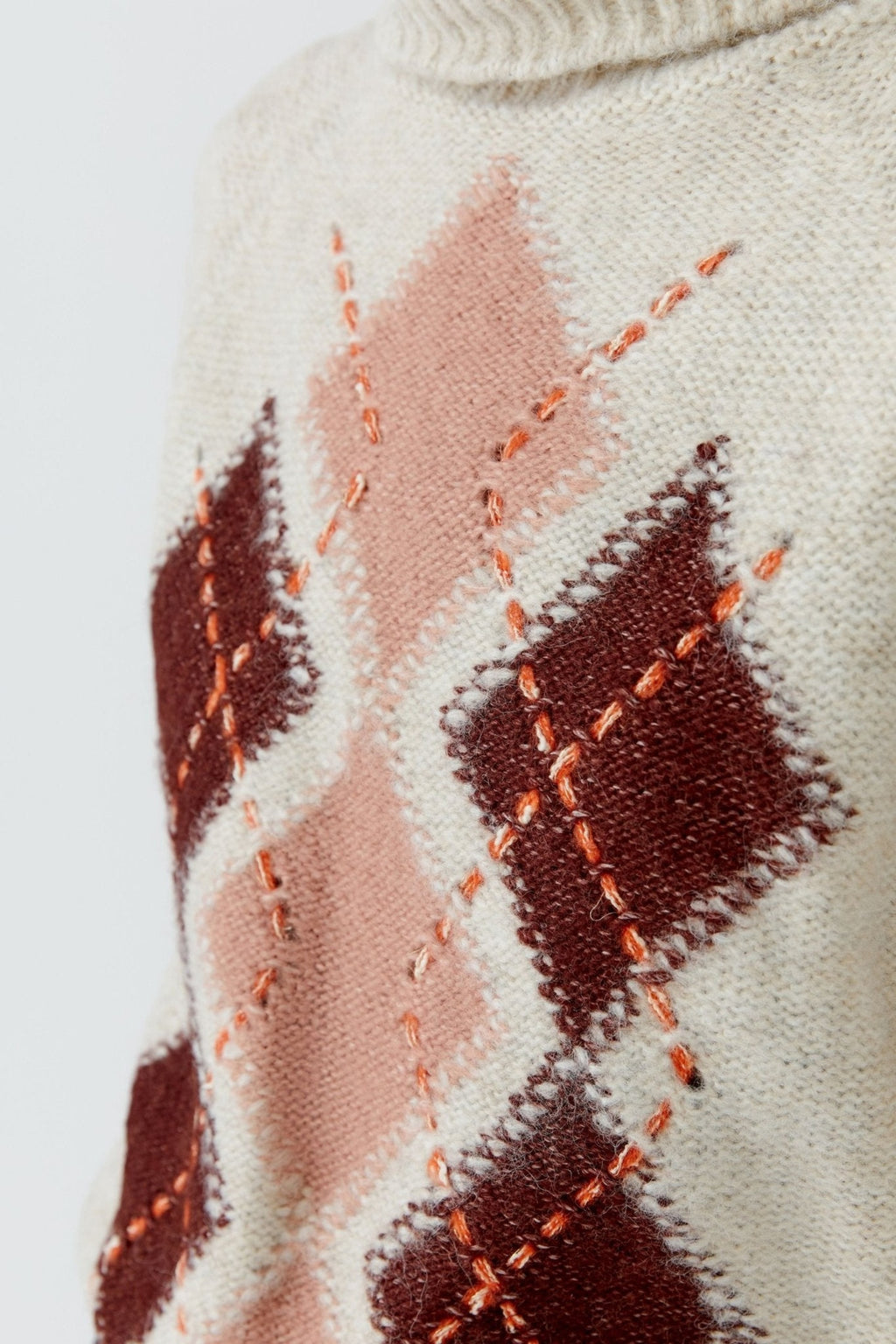 Oui 99850 Stone Red Jumper, argyle knit detail. Shop Oui at Dotique.