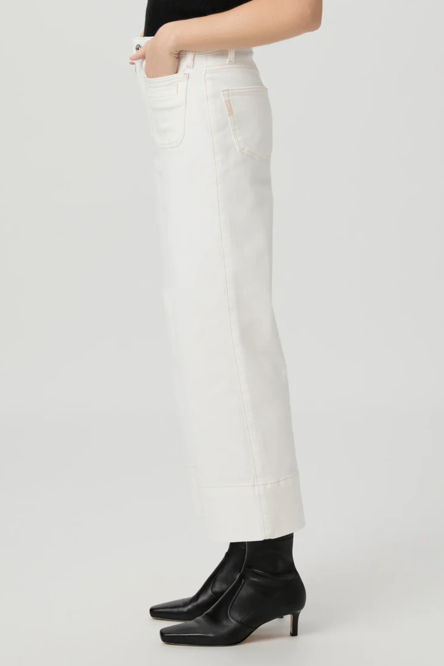 Paige Anessa Jeans with Welt Patch Pockets – Toasted Ecru styled with black boots by paige Shop paige at Dotique