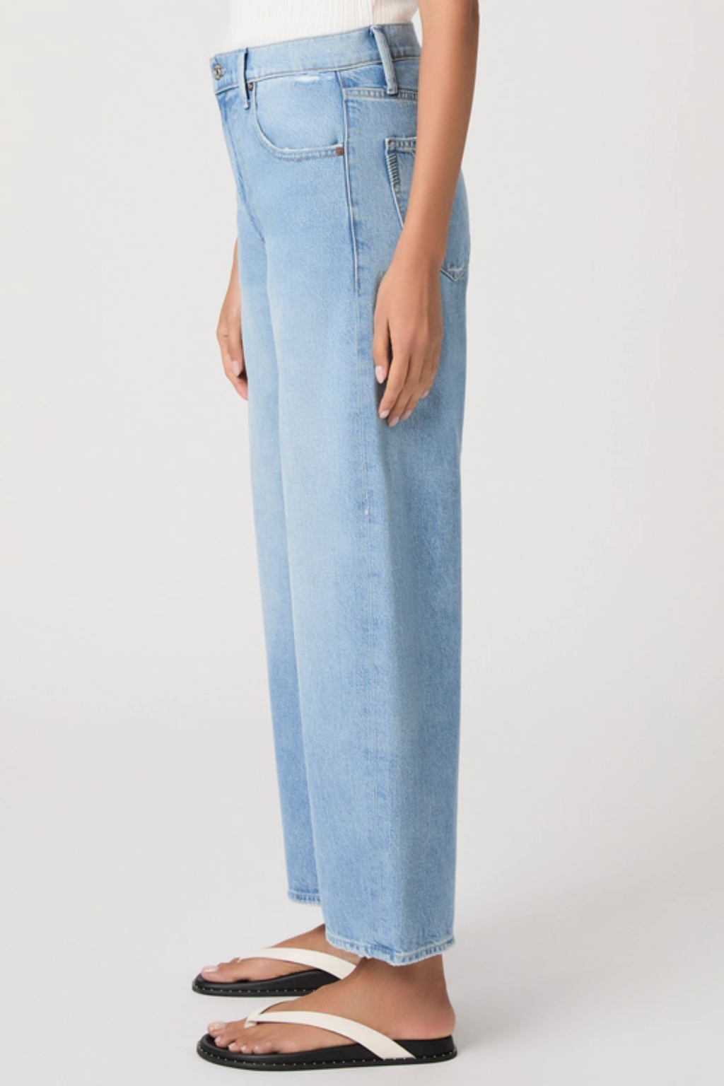 Side view of light denim Paige Arellia Ankle Barrel Leg Jeans - Fauve by PAIGE, shop PAIGE at Dotique.
