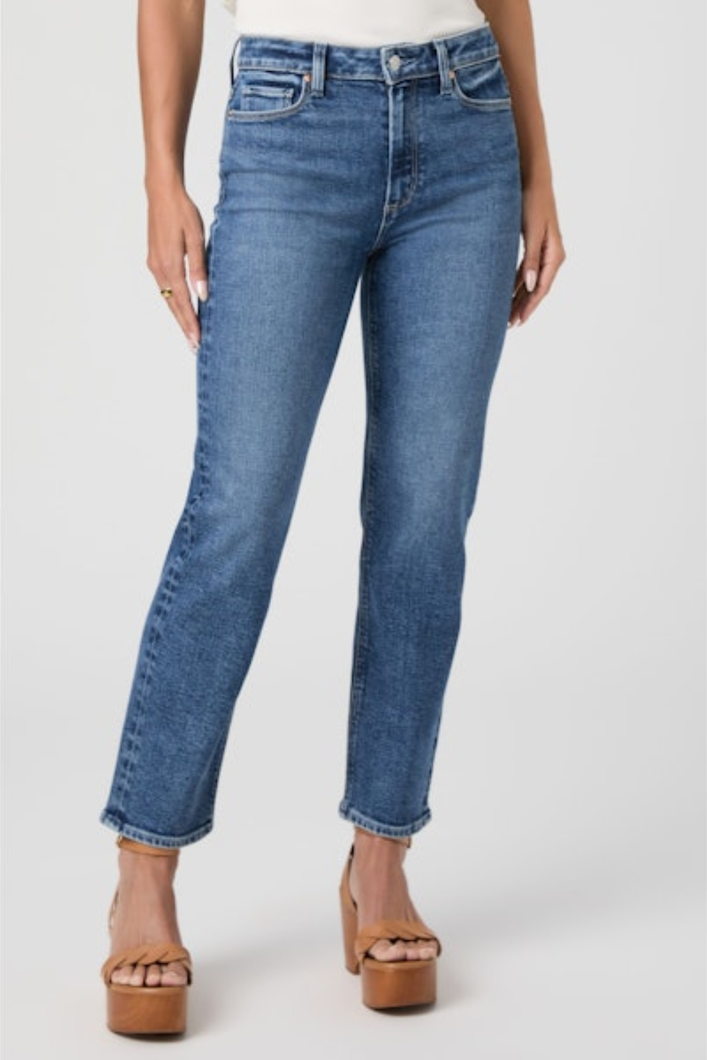 PAIGE Cindy Slim Straight Leg Jeans Saint Martin in medium blue denim by PAIGE, shop PAIGE at Dotique online.