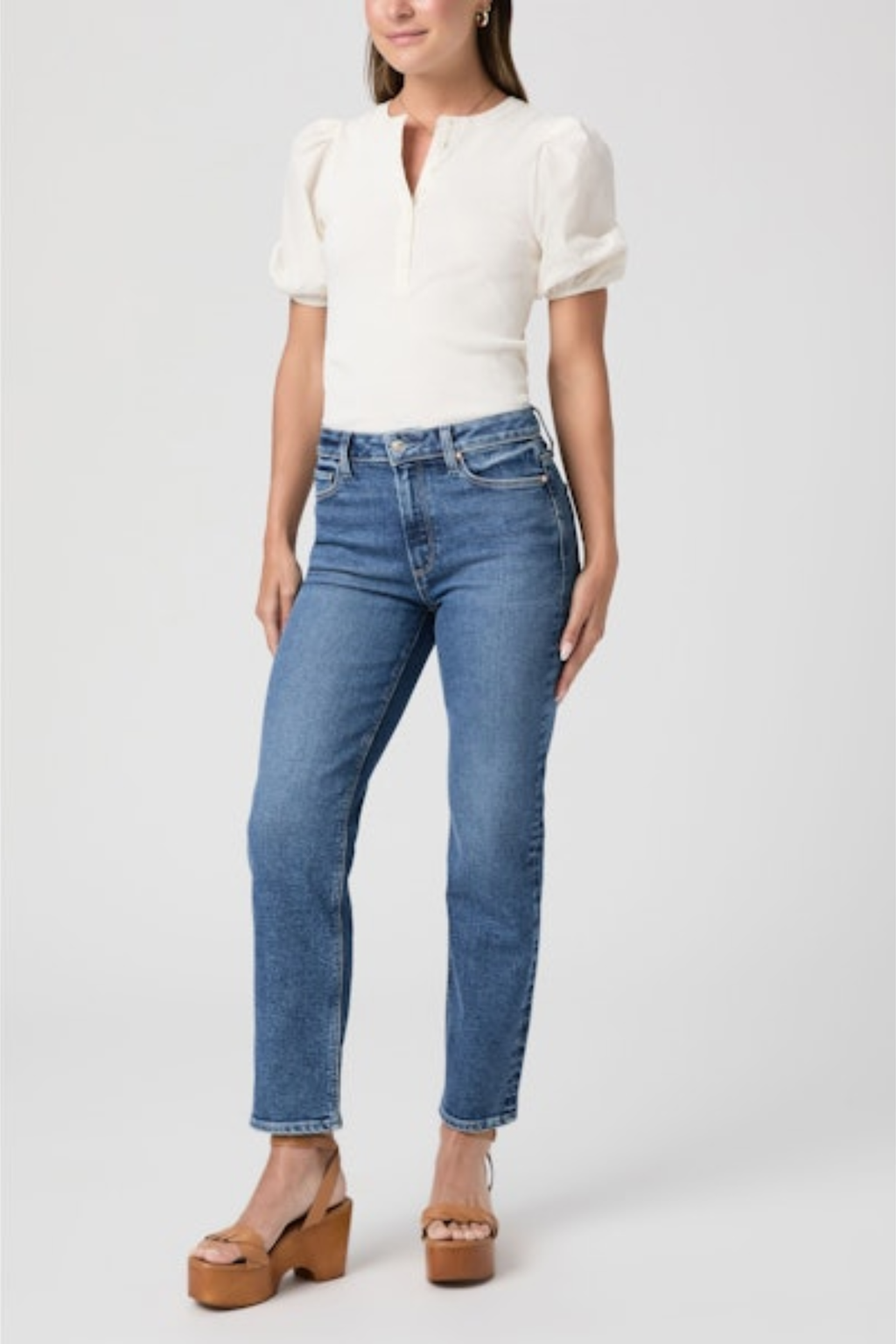 Woman wearing PAIGE Cindy Slim Straight Leg Jeans Saint Martin styled with white top, shop PAIGE at Dotique for modern denim looks
