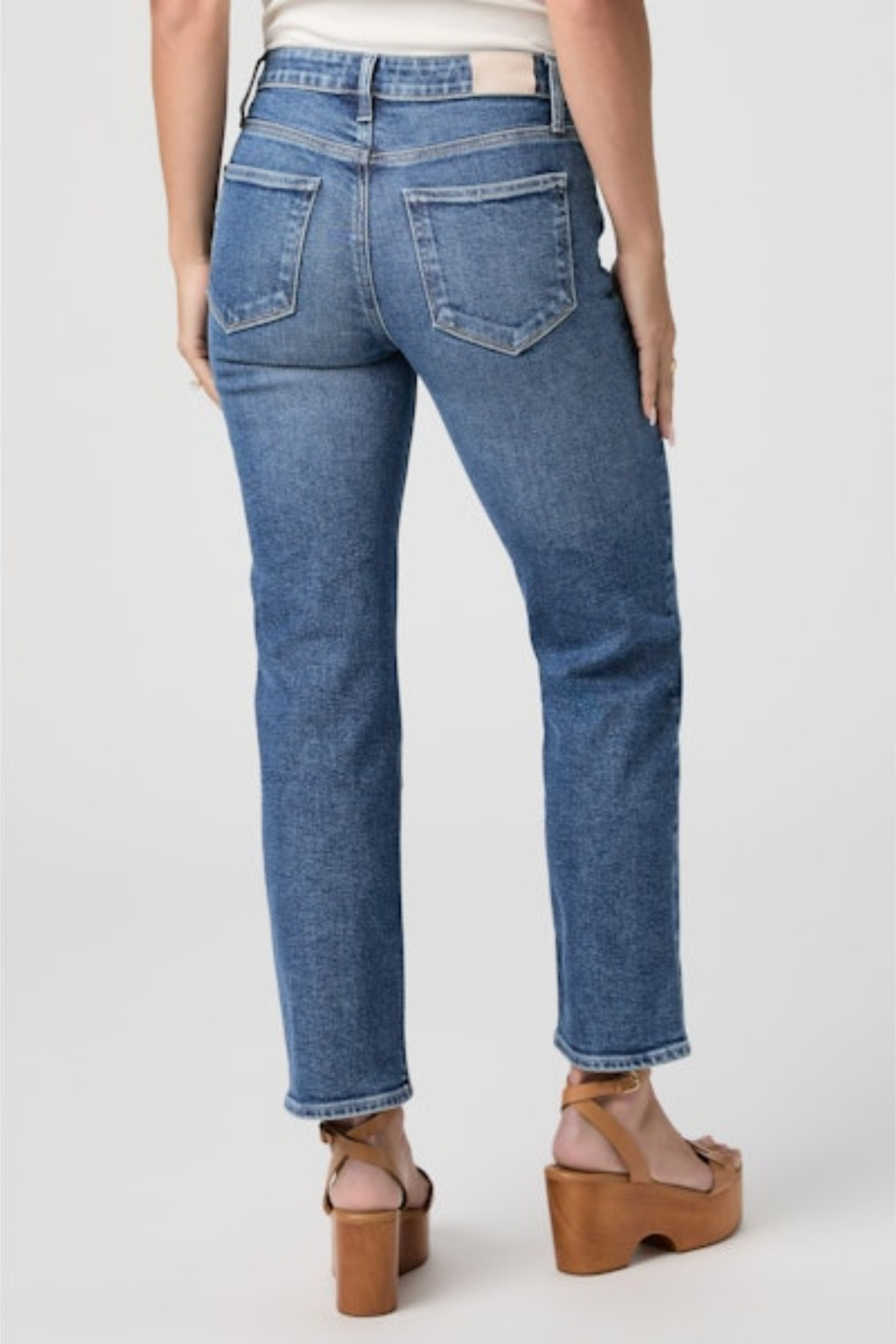 PAIGE Cindy Slim Straight Leg Jeans Saint Martin in blue denim, worn by model, shop PAIGE at Dotique