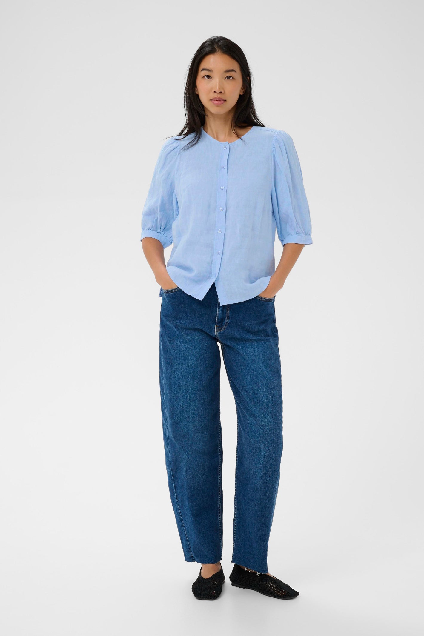 Woman wearing Part Two 30310416 AzraPW Serenity Blue Shirt by Part Two available to shop at Dotique