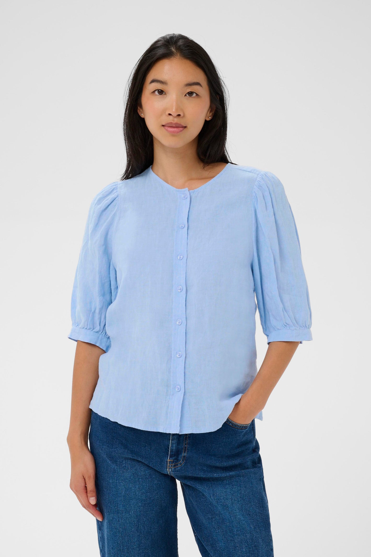 Woman wearing Part Two 30310416 AzraPW Serenity Blue Shirt by Part Two Shop the vendor at Dotique for stylish linen shirts