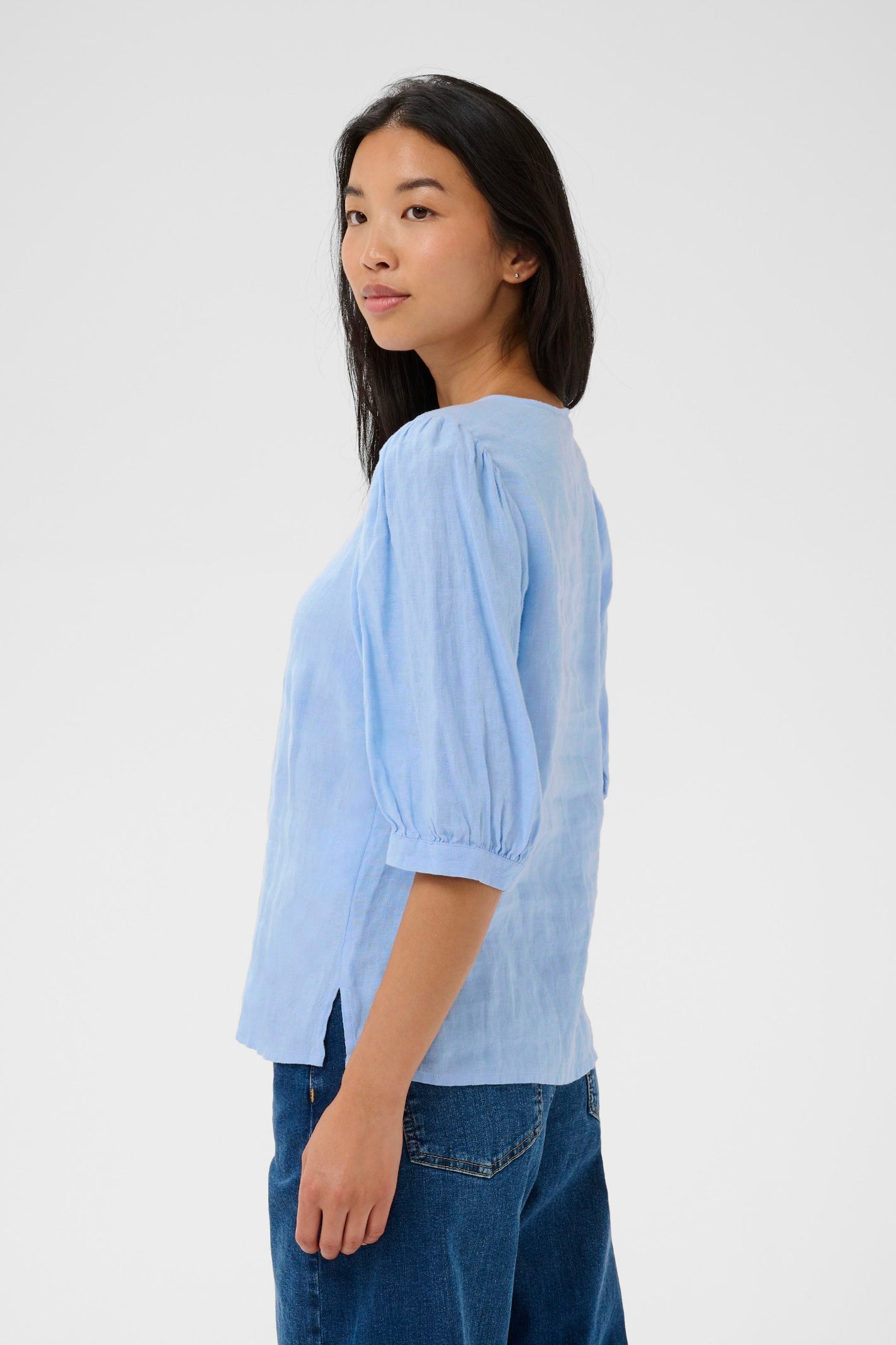 Part Two 30310416 AzraPW Serenity Blue Shirt worn by model side view shop Part Two at Dotique lightweight linen top