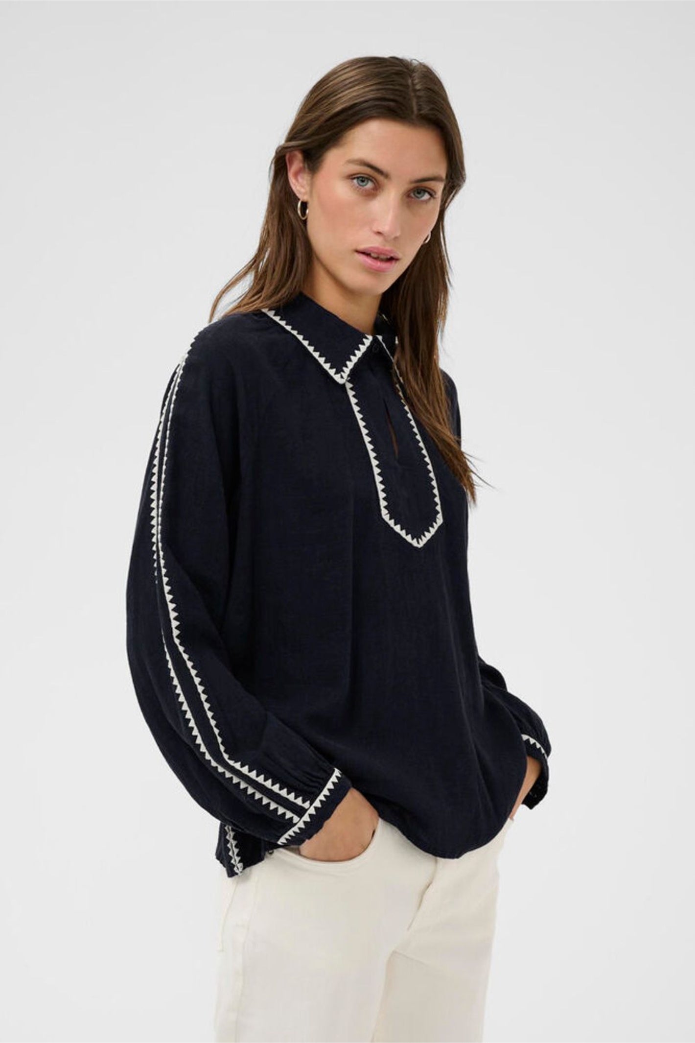 Model wearing Part Two 30310419 AimyPW After Midnight Blouse by Part Two, shop Part Two at Dotique.